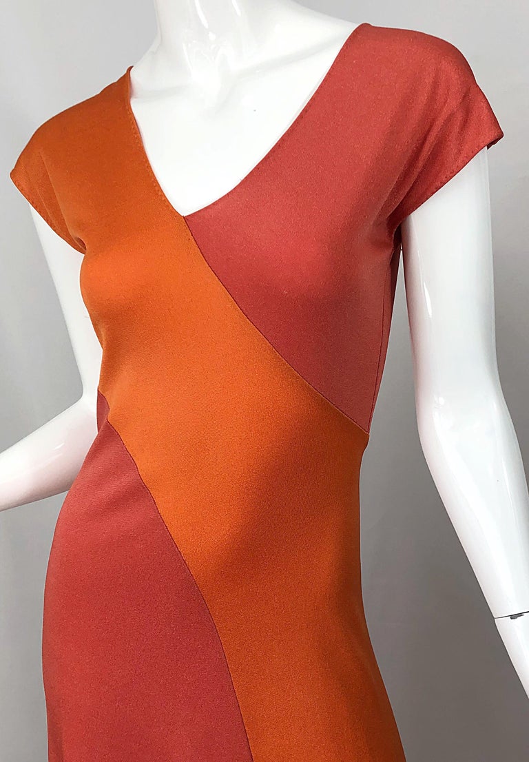 1970s Hiroko Salmon / Coral Color Blocked Slinky Vintage 70s Bias Maxi