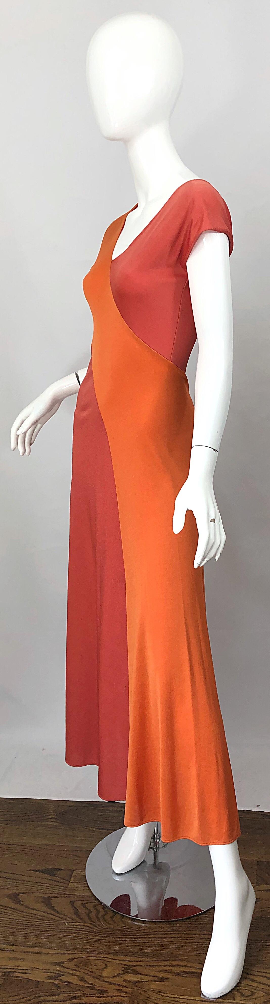 1970er Hiroko Verführerisches lachs- und korallfarbenes Bias Maxikleid, Vintage 70er Jahre Damen im Angebot