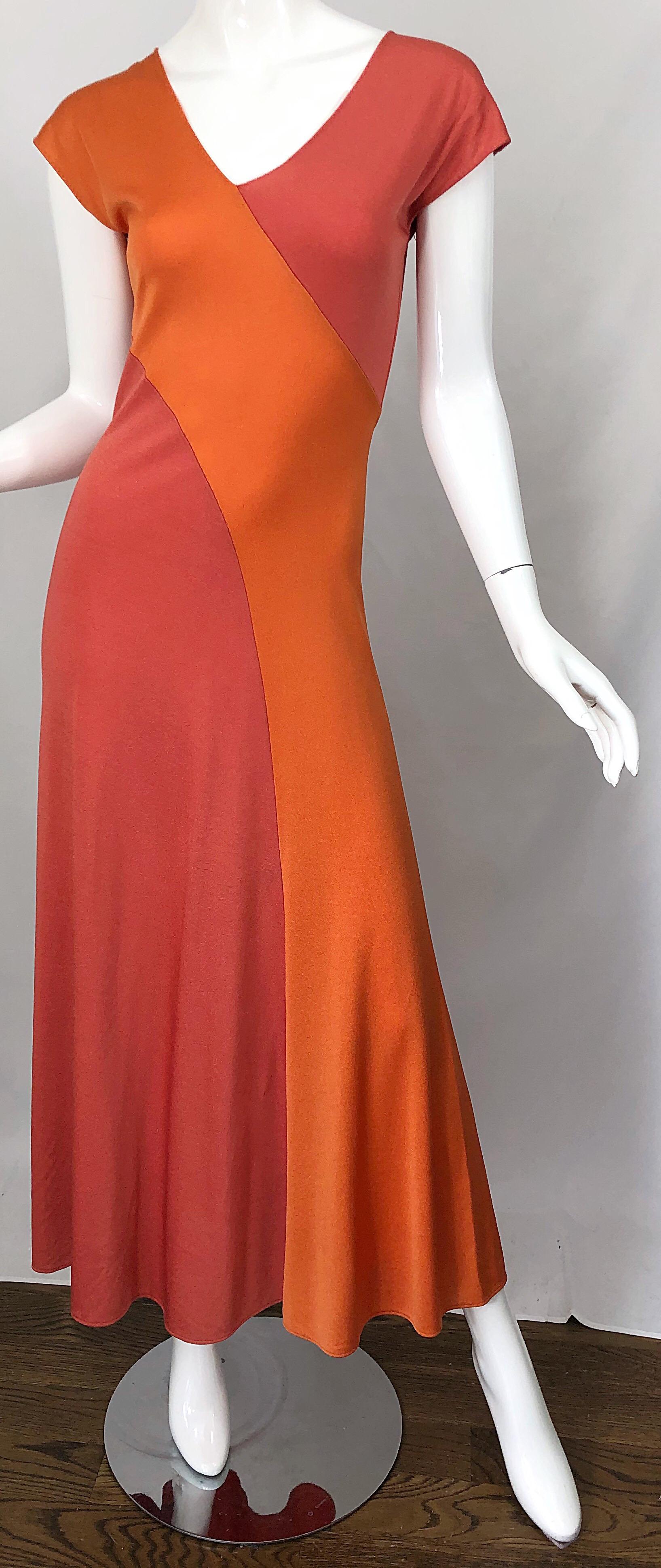 Red 1970s Hiroko Salmon / Coral Color Blocked Slinky Vintage 70s Bias Maxi Dress For Sale