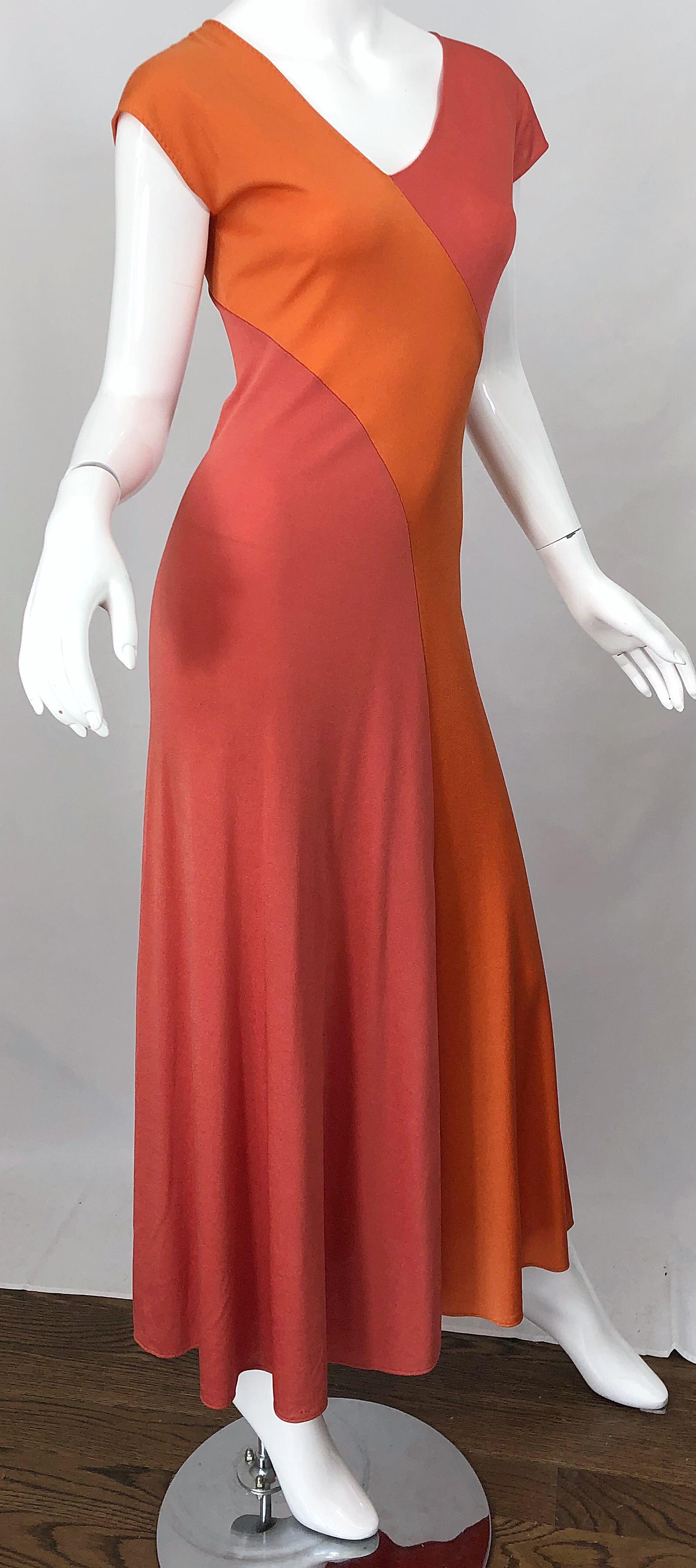 1970s Hiroko Salmon / Coral Color Blocked Slinky Vintage 70s Bias Maxi Dress In Excellent Condition For Sale In San Diego, CA