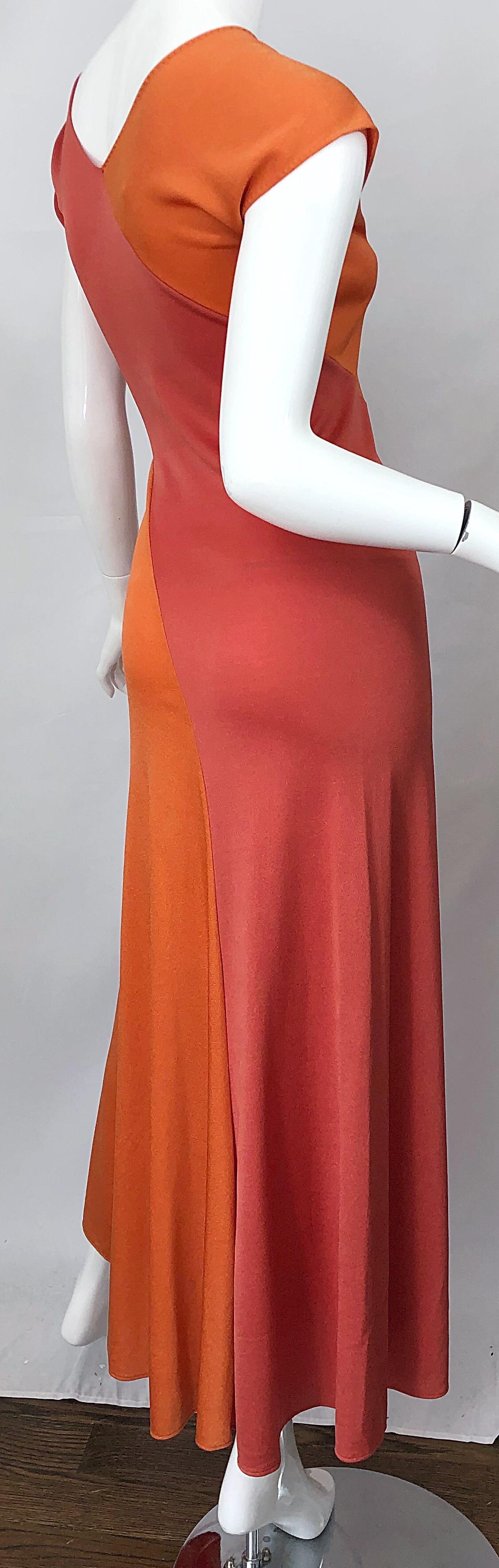 Women's 1970s Hiroko Salmon / Coral Color Blocked Slinky Vintage 70s Bias Maxi Dress For Sale