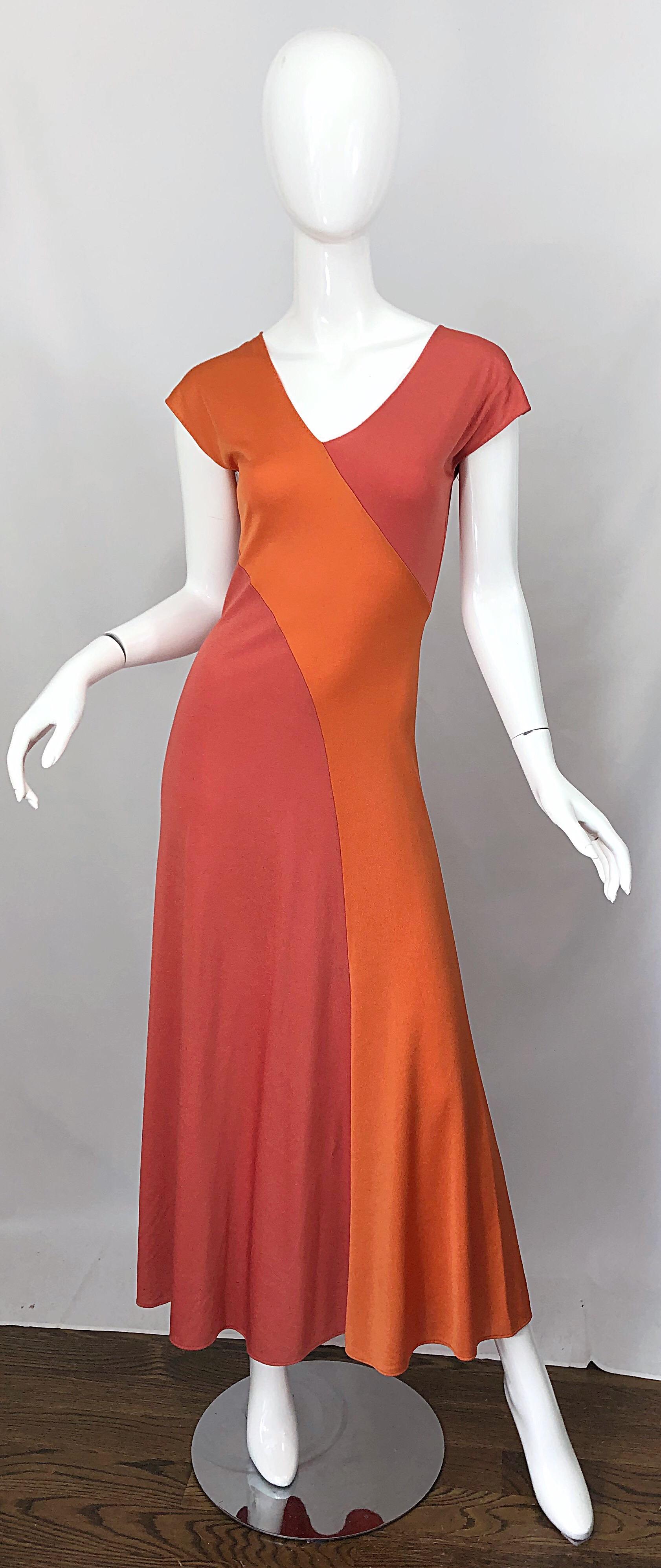 1970s Hiroko Salmon / Coral Color Blocked Slinky Vintage 70s Bias Maxi Dress For Sale 1