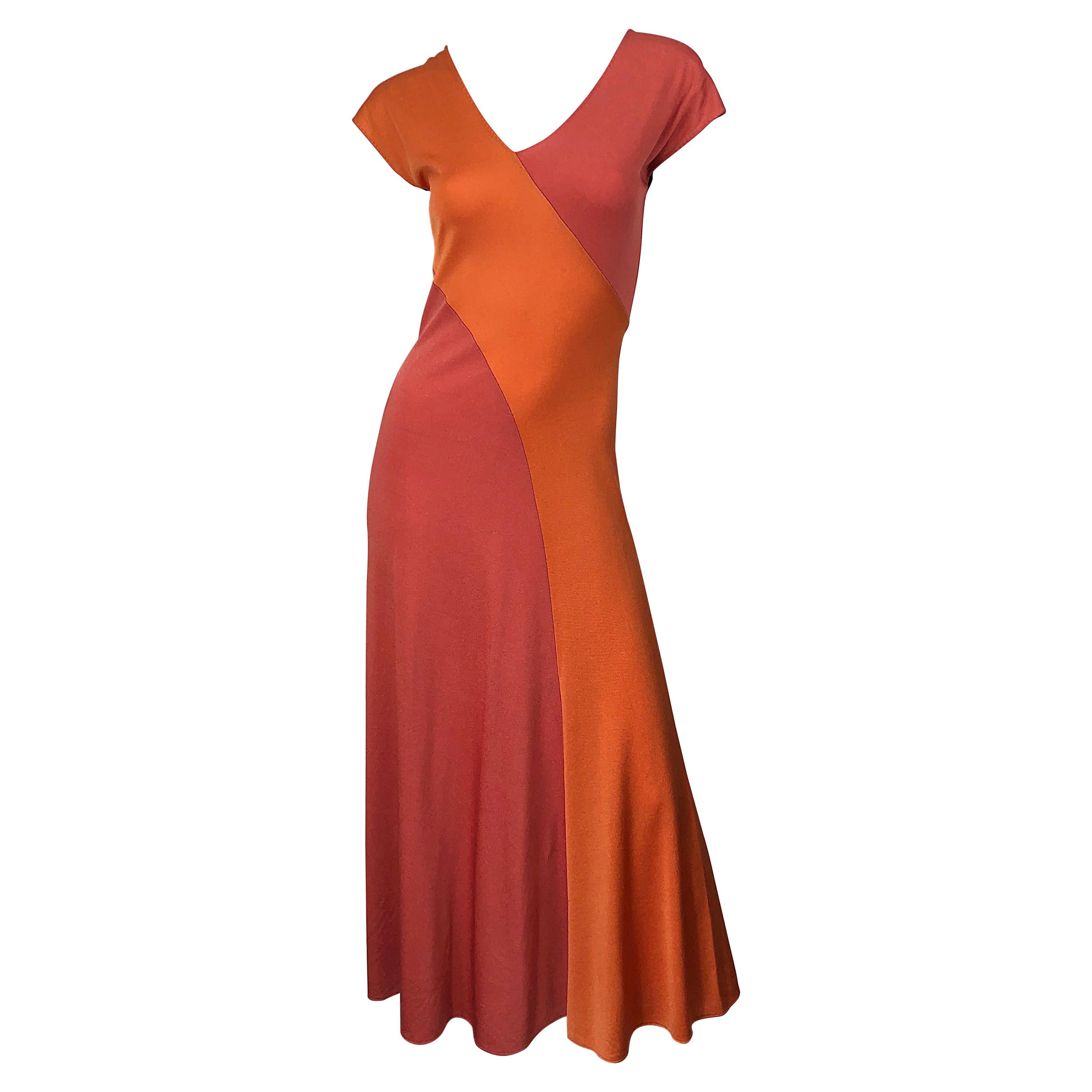 1970s Hiroko Salmon / Coral Color Blocked Slinky Vintage 70s Bias Maxi Dress For Sale