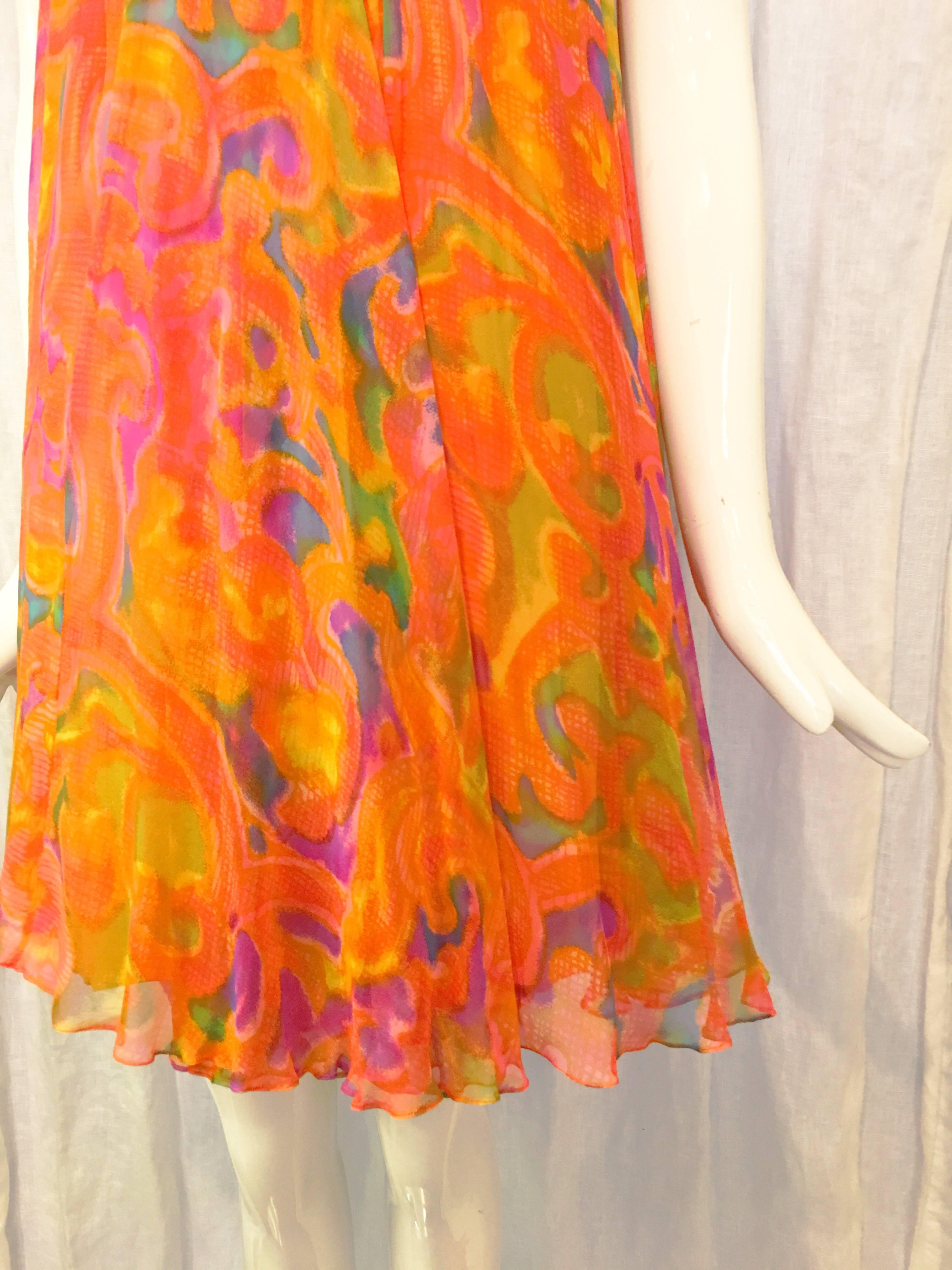 Orange Hirshleifer Beaded Flowy Rainbow Shift Dress, 1970s   For Sale