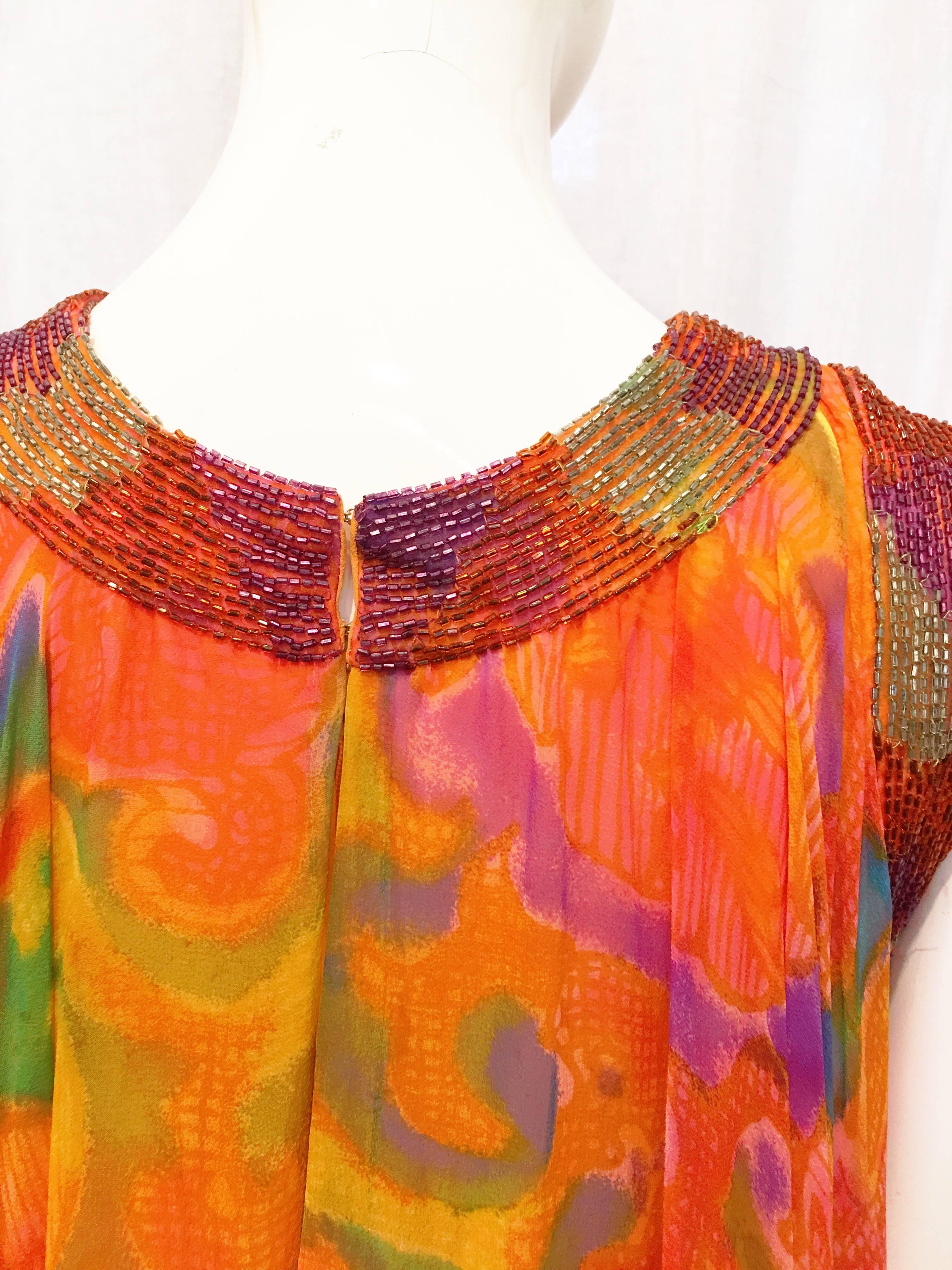 Hirshleifer Beaded Flowy Rainbow Shift Dress, 1970s   In Excellent Condition For Sale In Brooklyn, NY