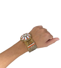 1970S HOBÈ Gold & Orange Metal Mesh Flower Crest Bracelet