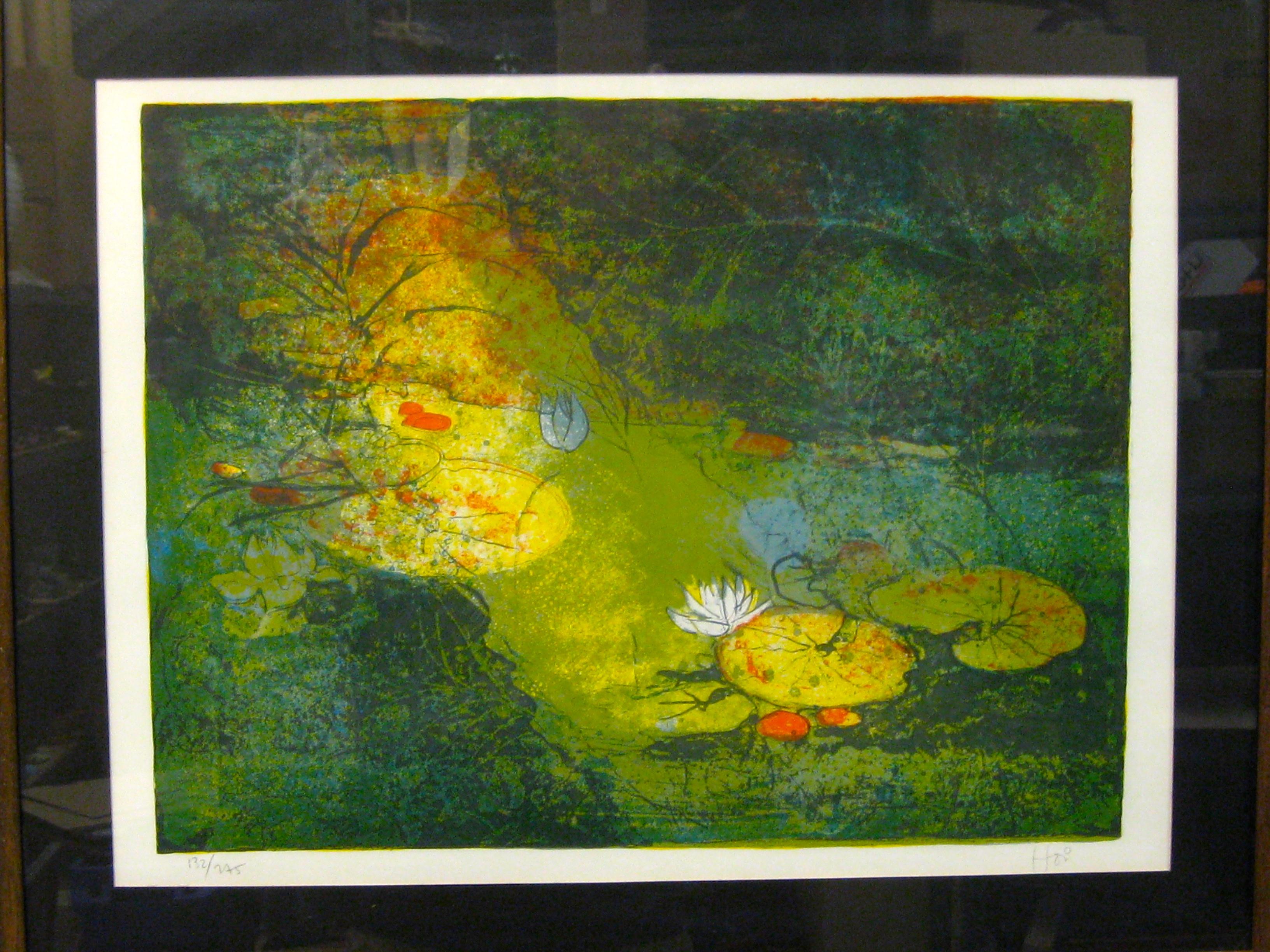 Wonderful hand signed and numbered abstract lithograph by listed Vietnamese Hoi Lebadang, circa 1970's. The abstract lithograph features colorful water lilies. The art was sold through The Collector’s Guild in New York City. Comes in its original