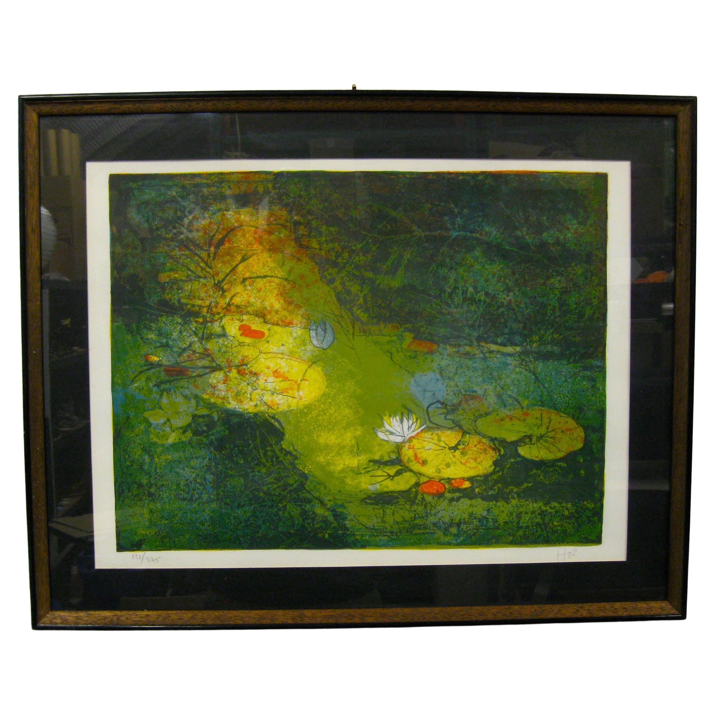 1970's, Hoi Lebadang Abstract Lithograph Print "Water Lilies" Signed & Numbered