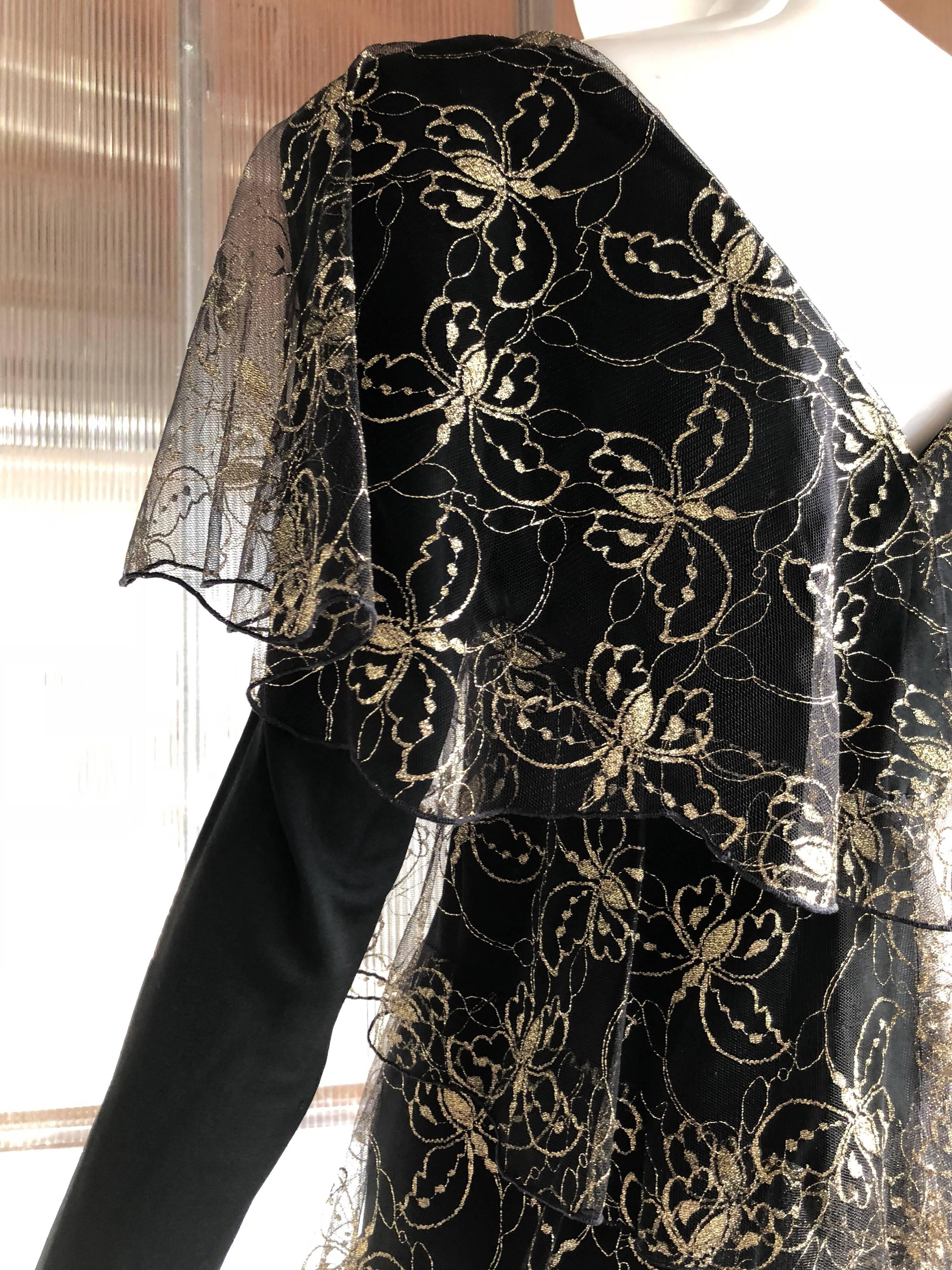 Holly Harp Matte Jersey and Gold Butterfly Embroidered Net Tiered Dress, 1970s  In Excellent Condition In Gresham, OR