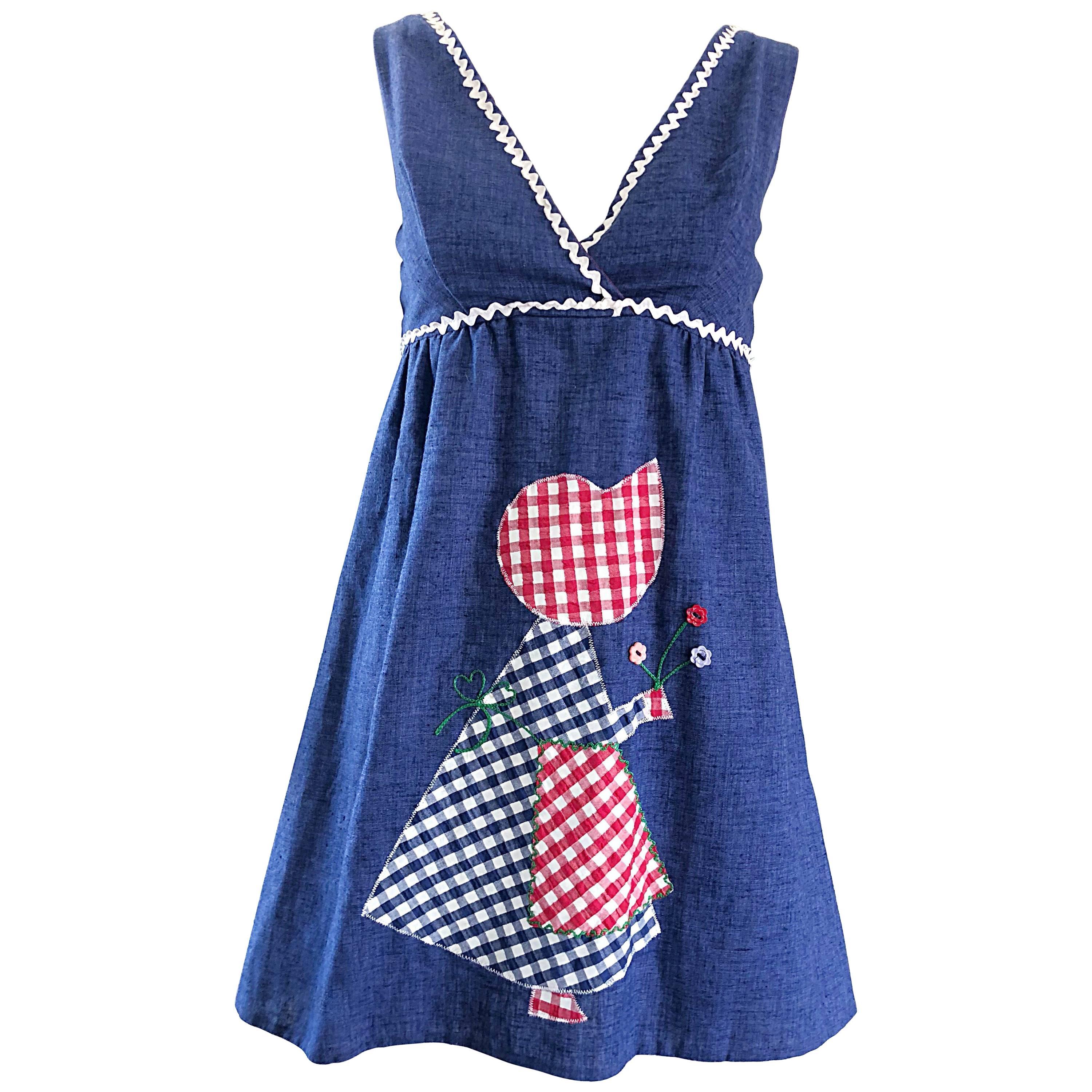 1970er Holly Hobbie-Thema Rot, Weiß und Blau Denim Blau Jeans 70er Jahre Minikleid im Angebot