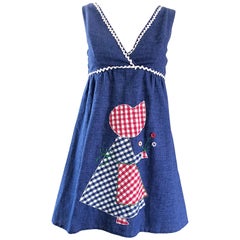 Vintage 1970s Holly Hobbie Theme Red, White and Blue Denim Blue Jean 70s Mini Dress