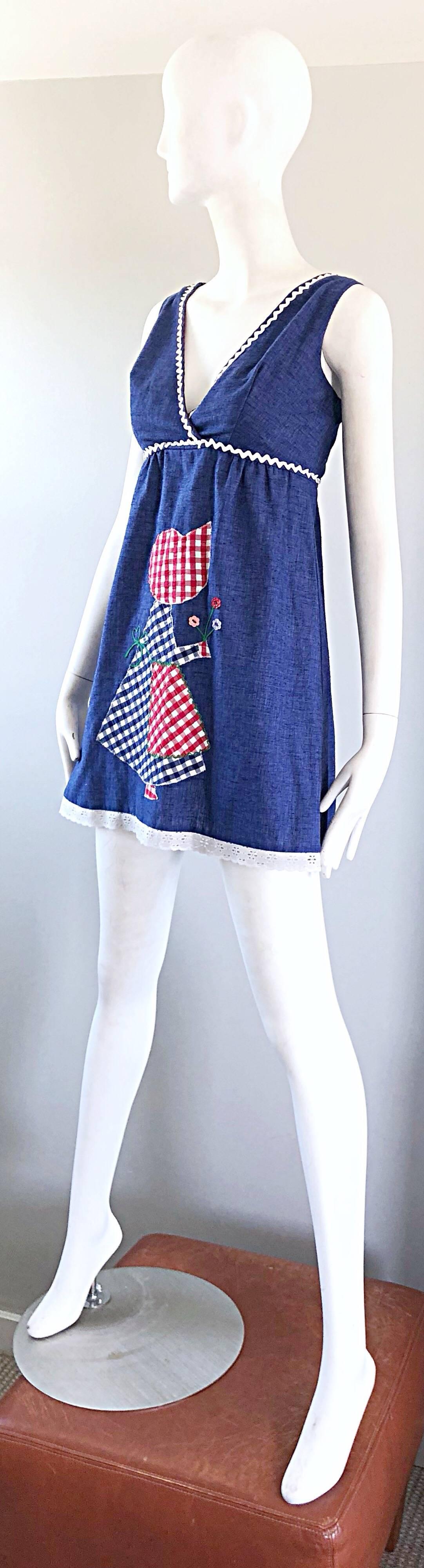 1970s Holly Hobbie Theme Red, White and Blue Denim Blue Jean 70s Mini Dress For Sale 3