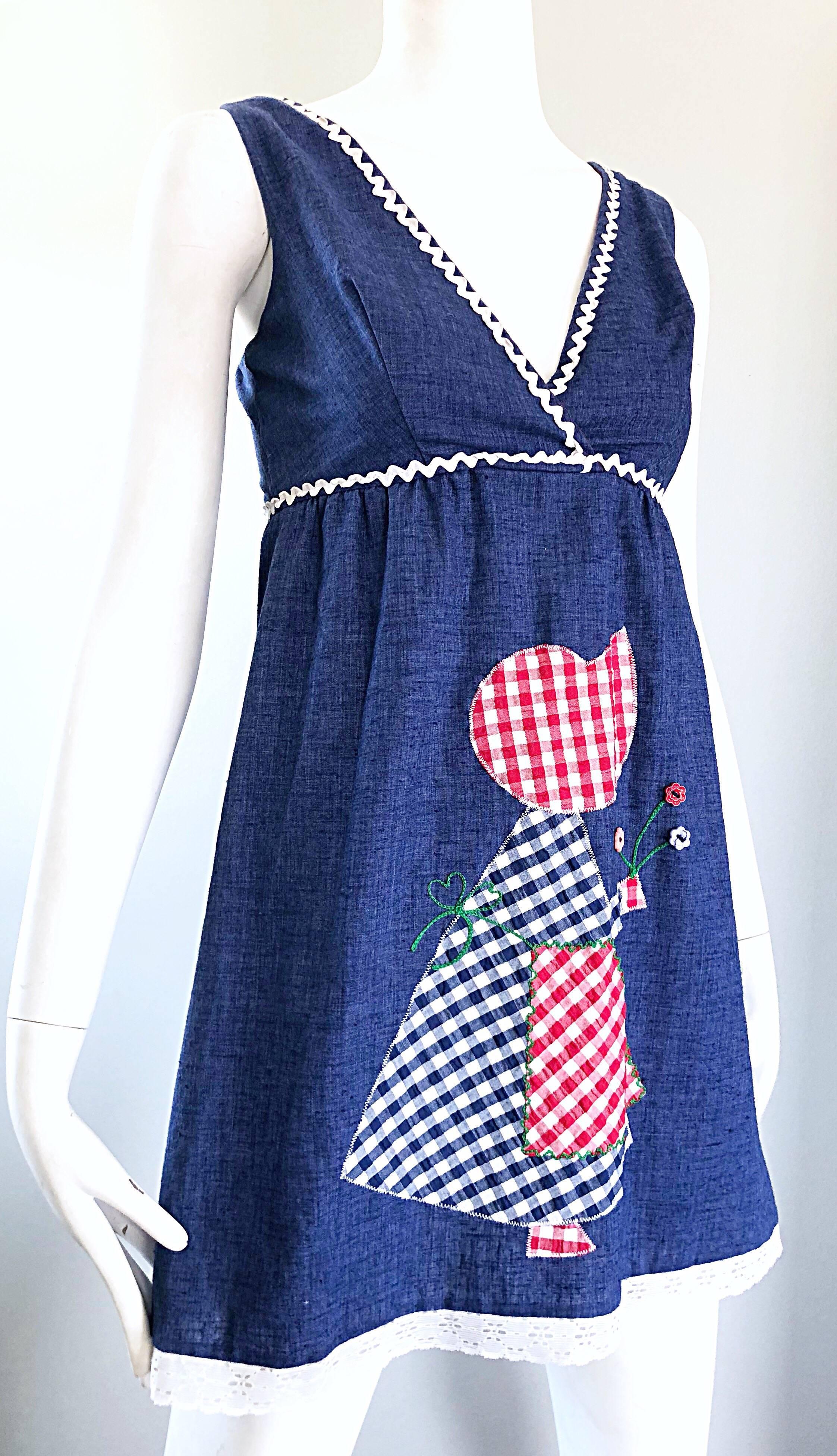 1970s Holly Hobbie Theme Red, White and Blue Denim Blue Jean 70s Mini Dress For Sale 5