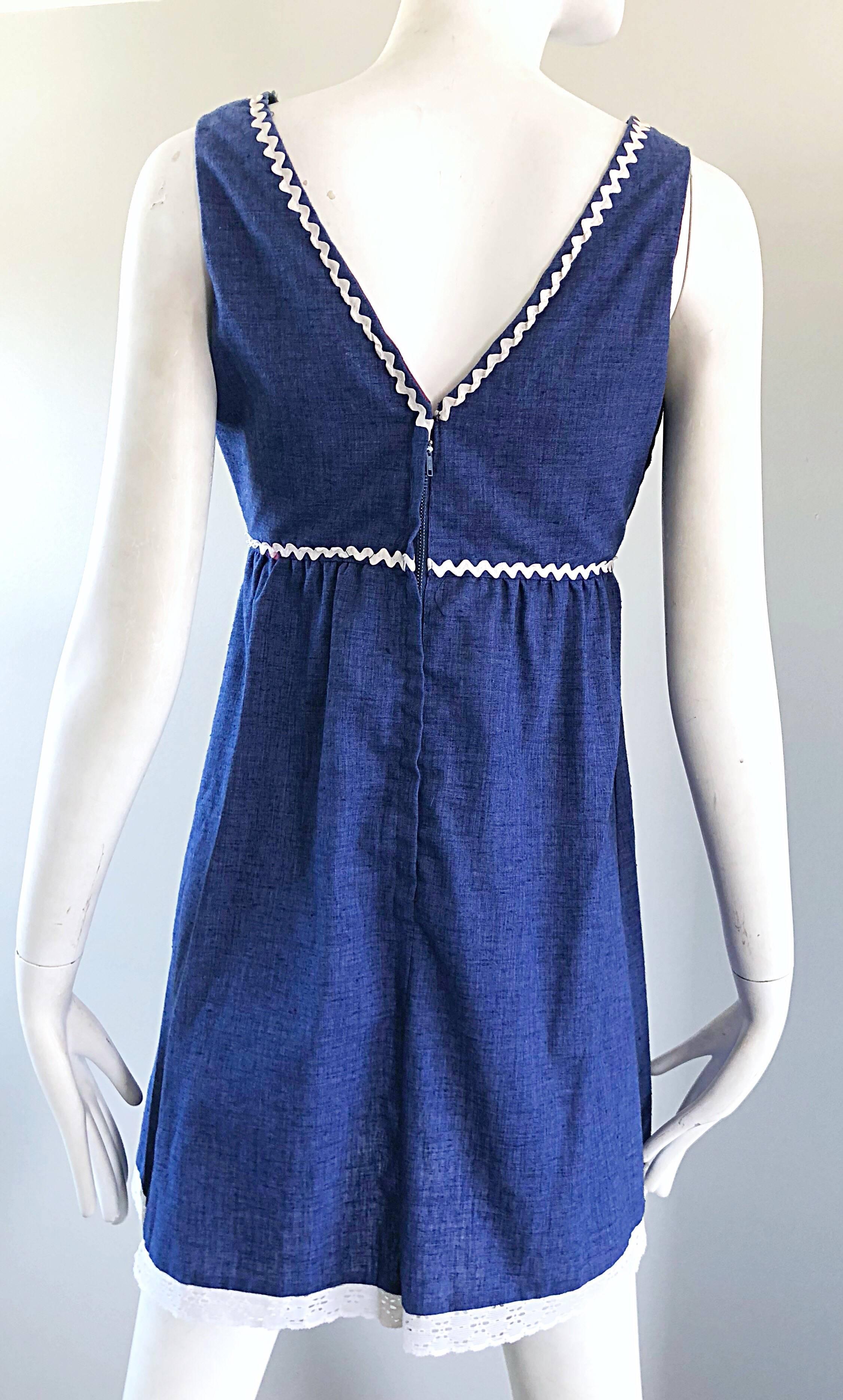 1970s Holly Hobbie Theme Red, White and Blue Denim Blue Jean 70s Mini Dress For Sale 6