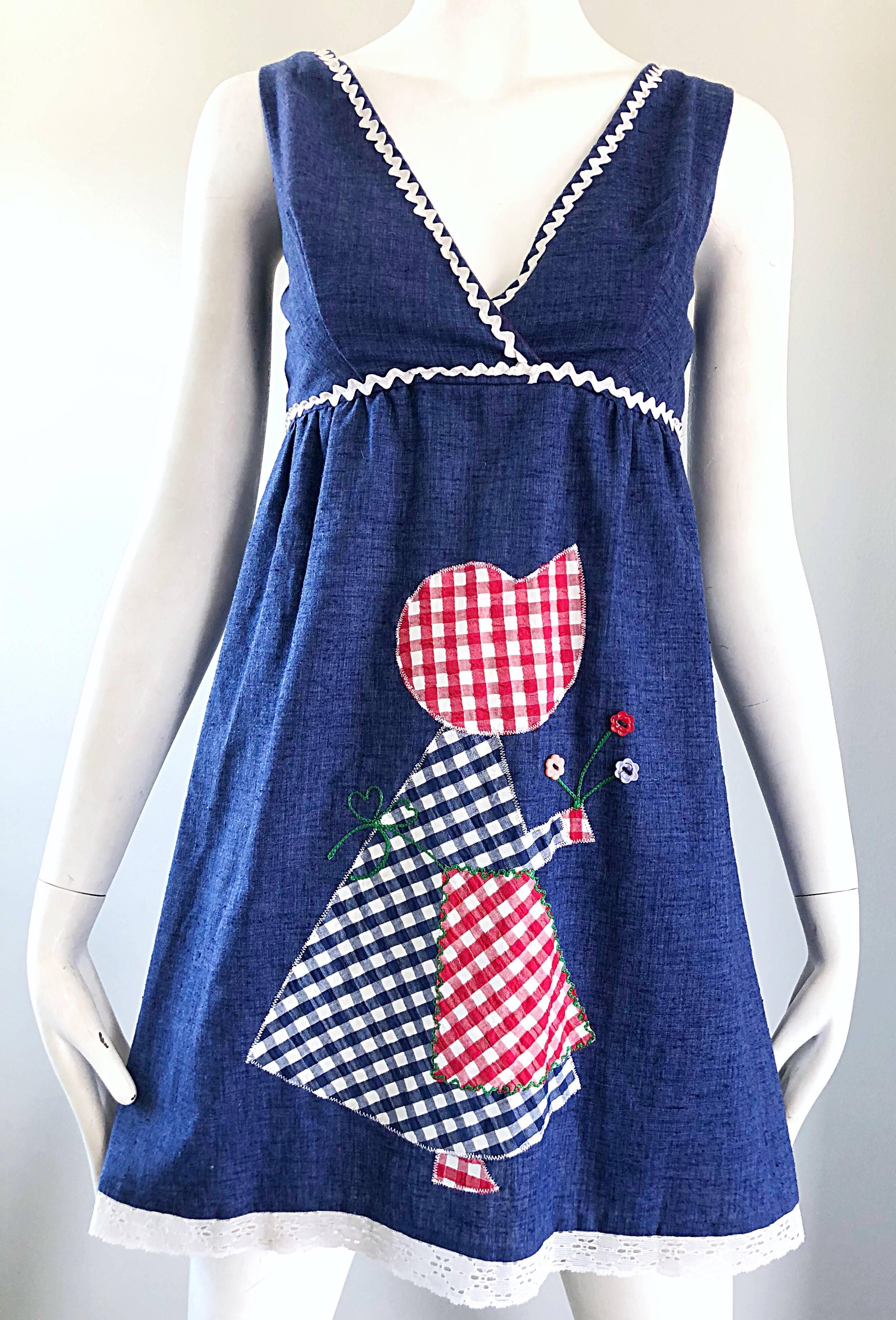 1970s Holly Hobbie Theme Red, White and Blue Denim Blue Jean 70s Mini Dress For Sale 7