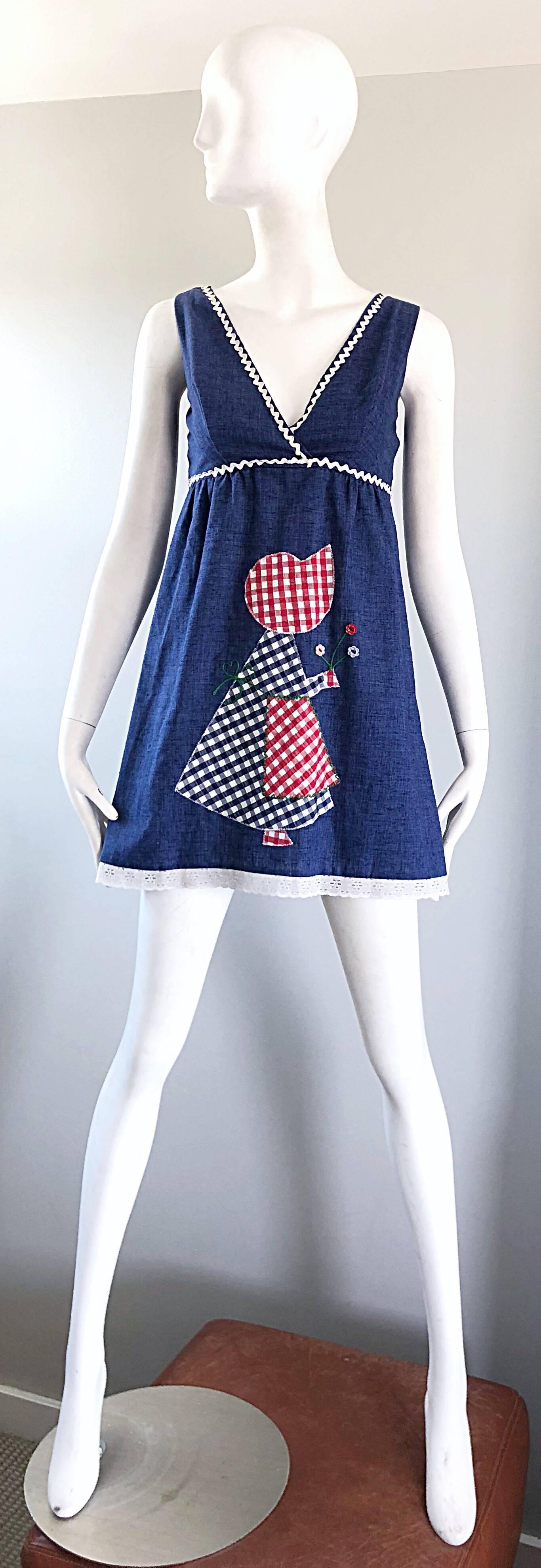 1970s Holly Hobbie Theme Red, White and Blue Denim Blue Jean 70s Mini Dress For Sale 8