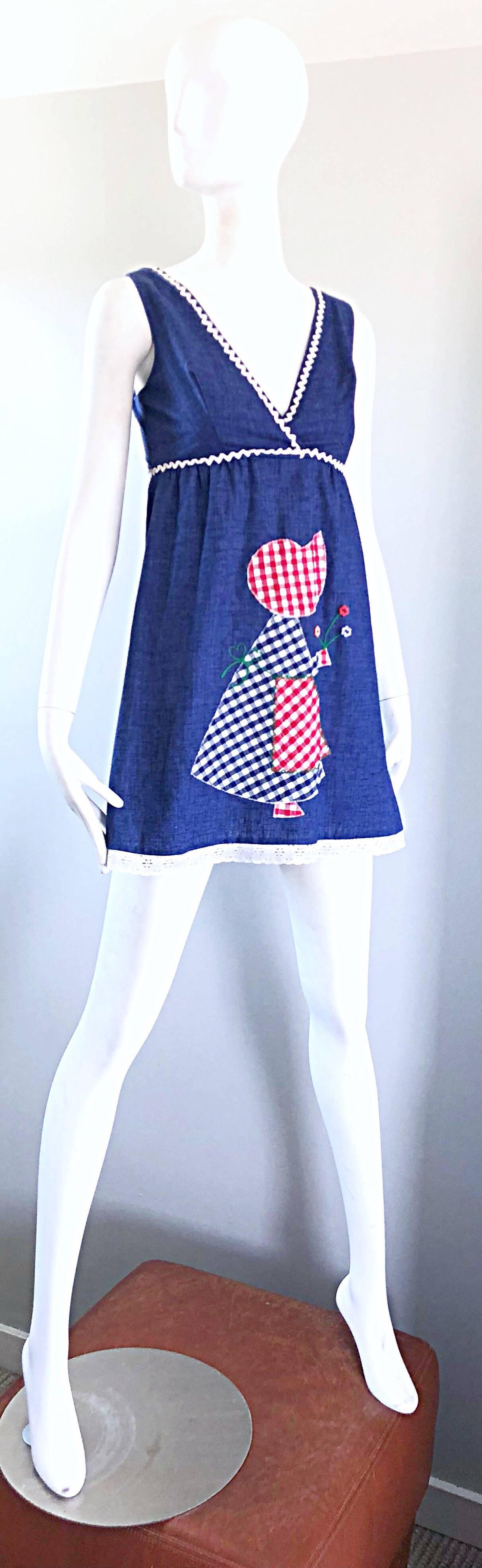1970s Holly Hobbie Theme Red, White and Blue Denim Blue Jean 70s Mini Dress For Sale 1