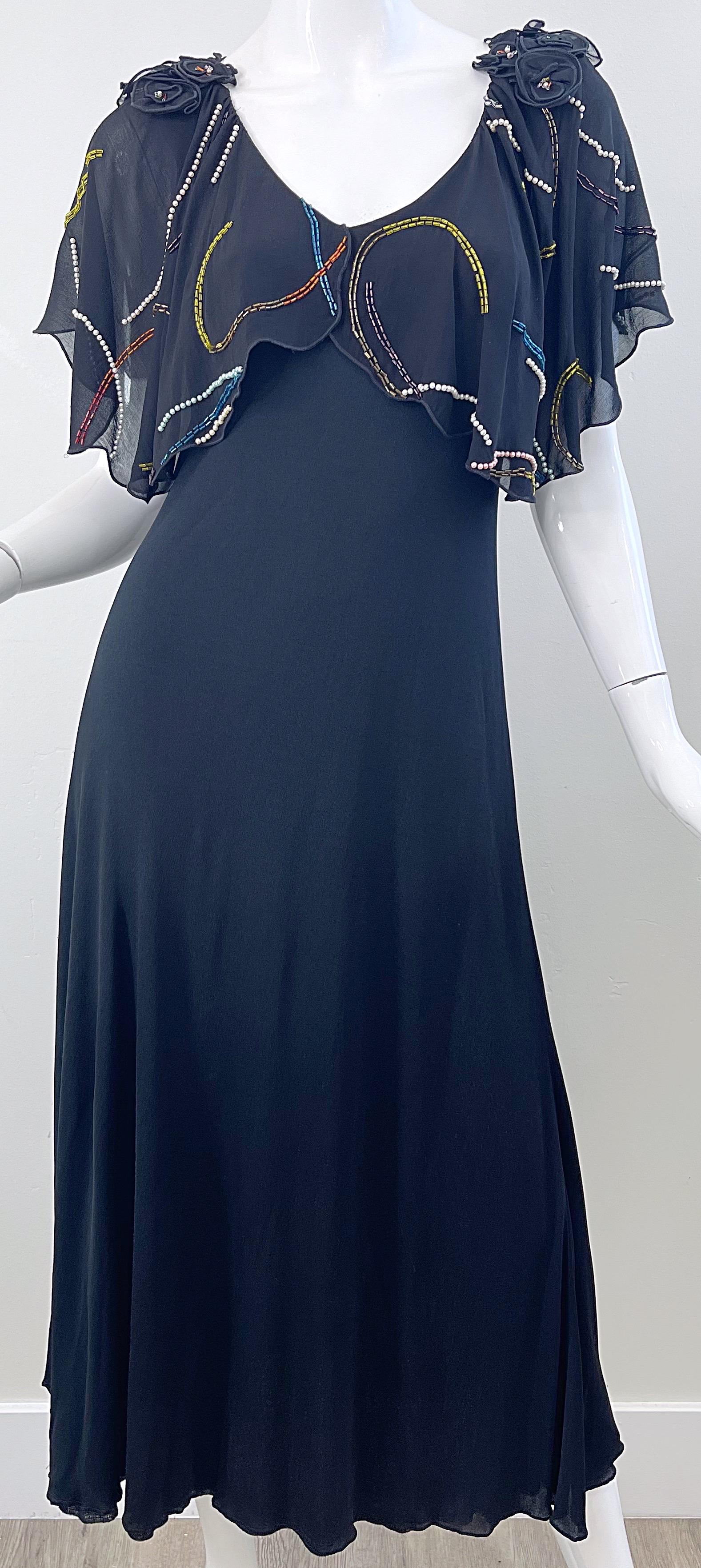 1970s Holly’s Harp Black Pearl Bead Encrusted Vintage 70s Silk Jersey Midi Dress For Sale 8