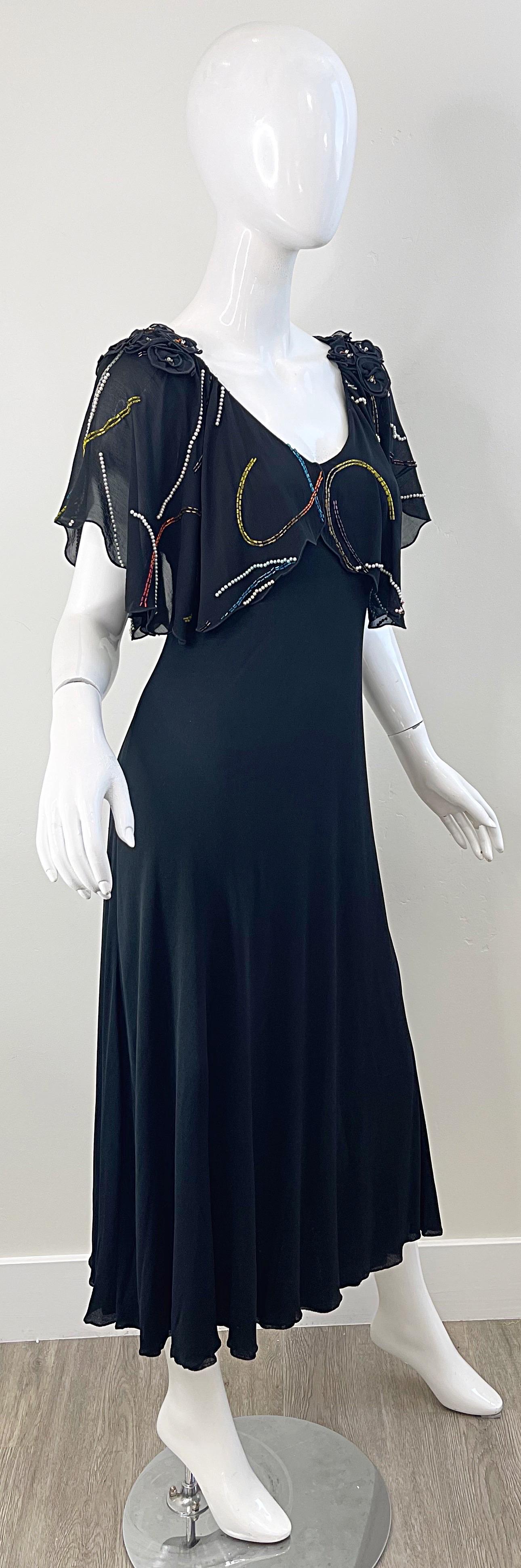 1970s Holly’s Harp Black Pearl Bead Encrusted Vintage 70s Silk Jersey Midi Dress For Sale 9