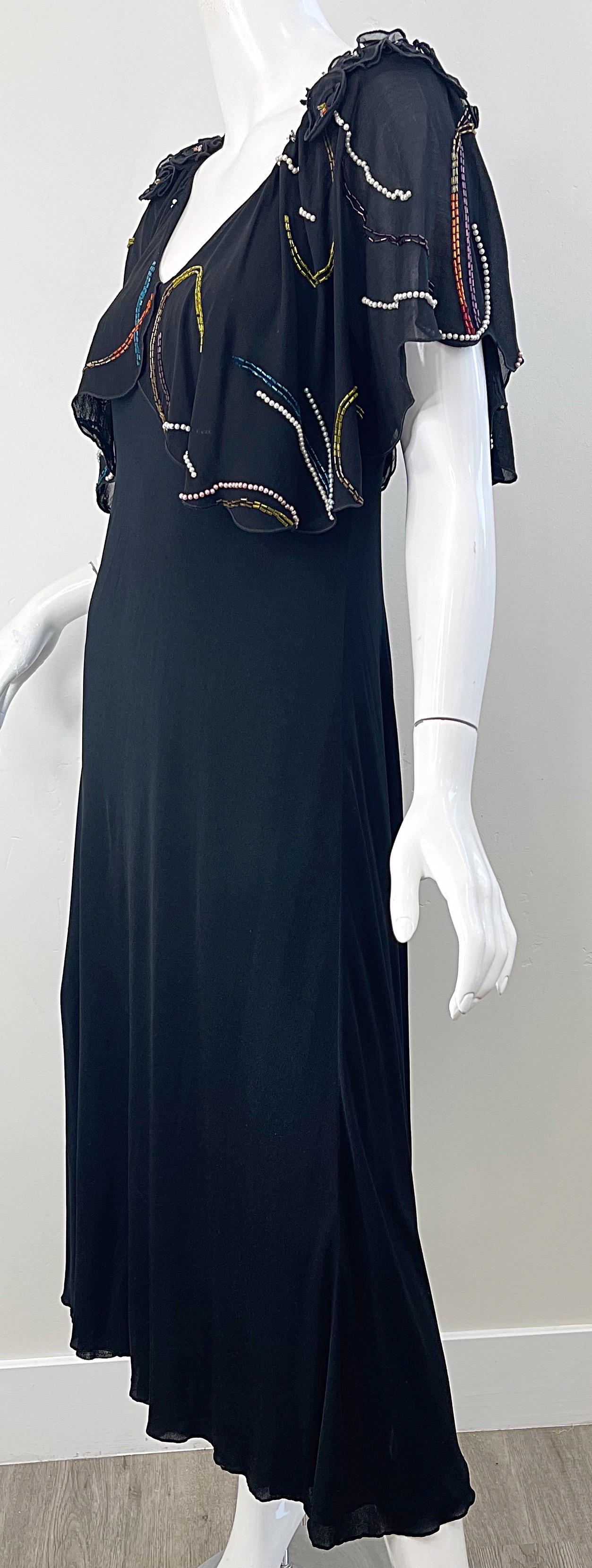 1970s Holly’s Harp Black Pearl Bead Encrusted Vintage 70s Silk Jersey Midi Dress For Sale 11