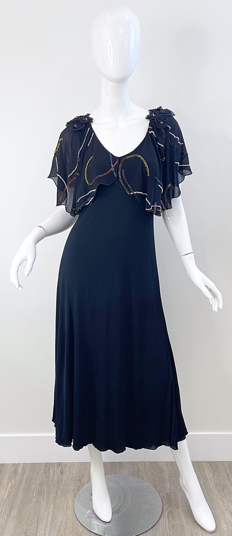 1970s Hollys Harp Black Pearl Bead Encrusted Vintage 70s Silk Jersey Midi Dress