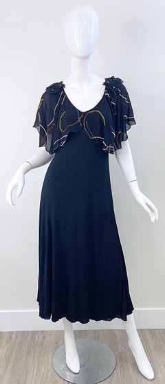 1970s Holly’s Harp Black Pearl Bead Encrusted Vintage 70s Silk Jersey Midi Dress