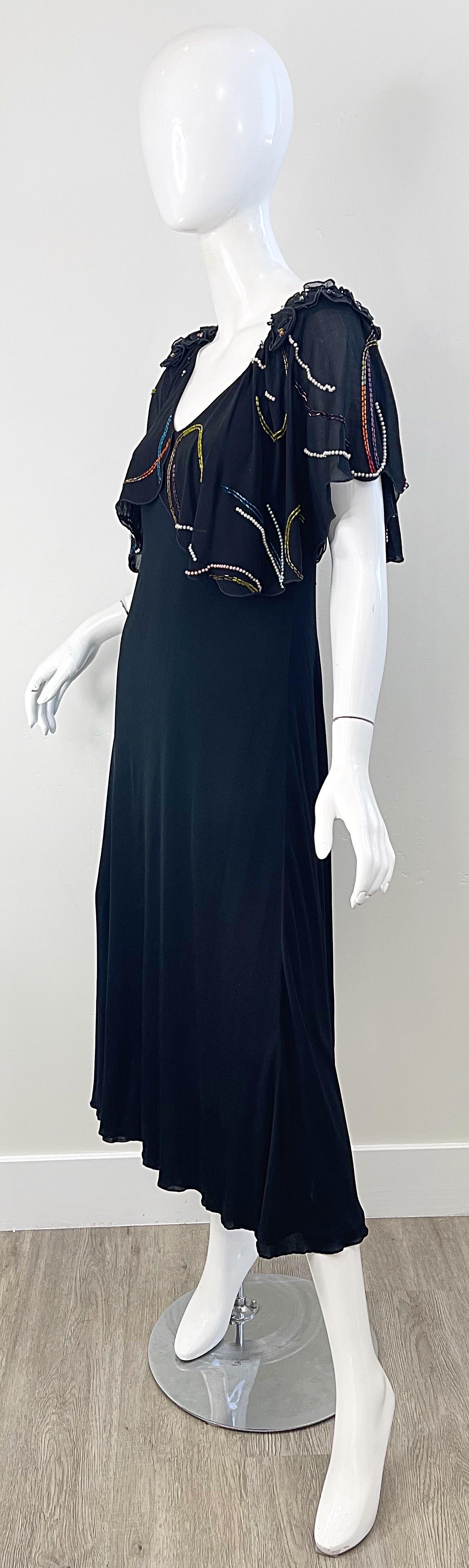 1970s Holly’s Harp Black Pearl Bead Encrusted Vintage 70s Silk Jersey Midi Dress For Sale 3