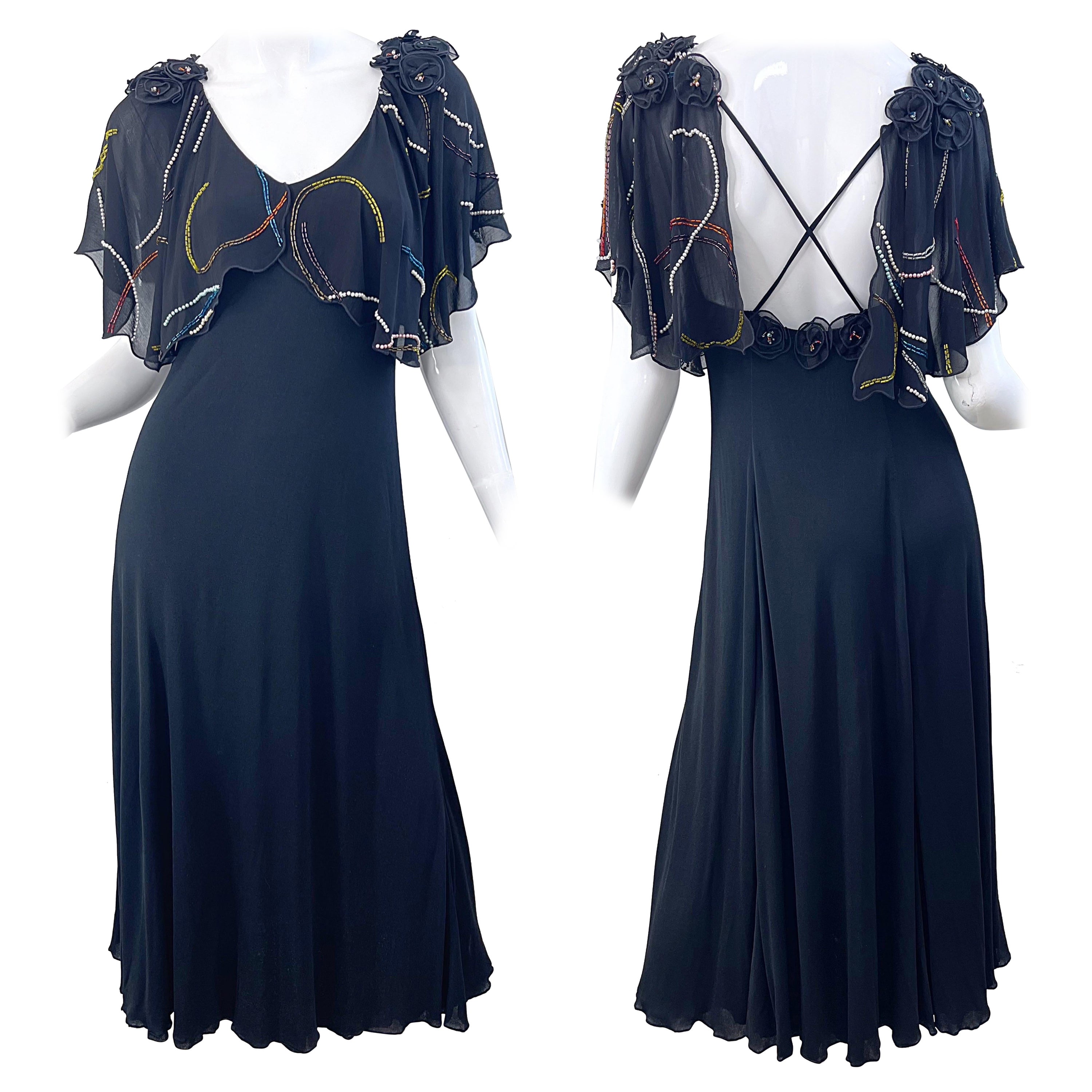 1970s Hollys Harp Schwarz Perle verkrustete Vintage 70s Seide Jersey Midikleid