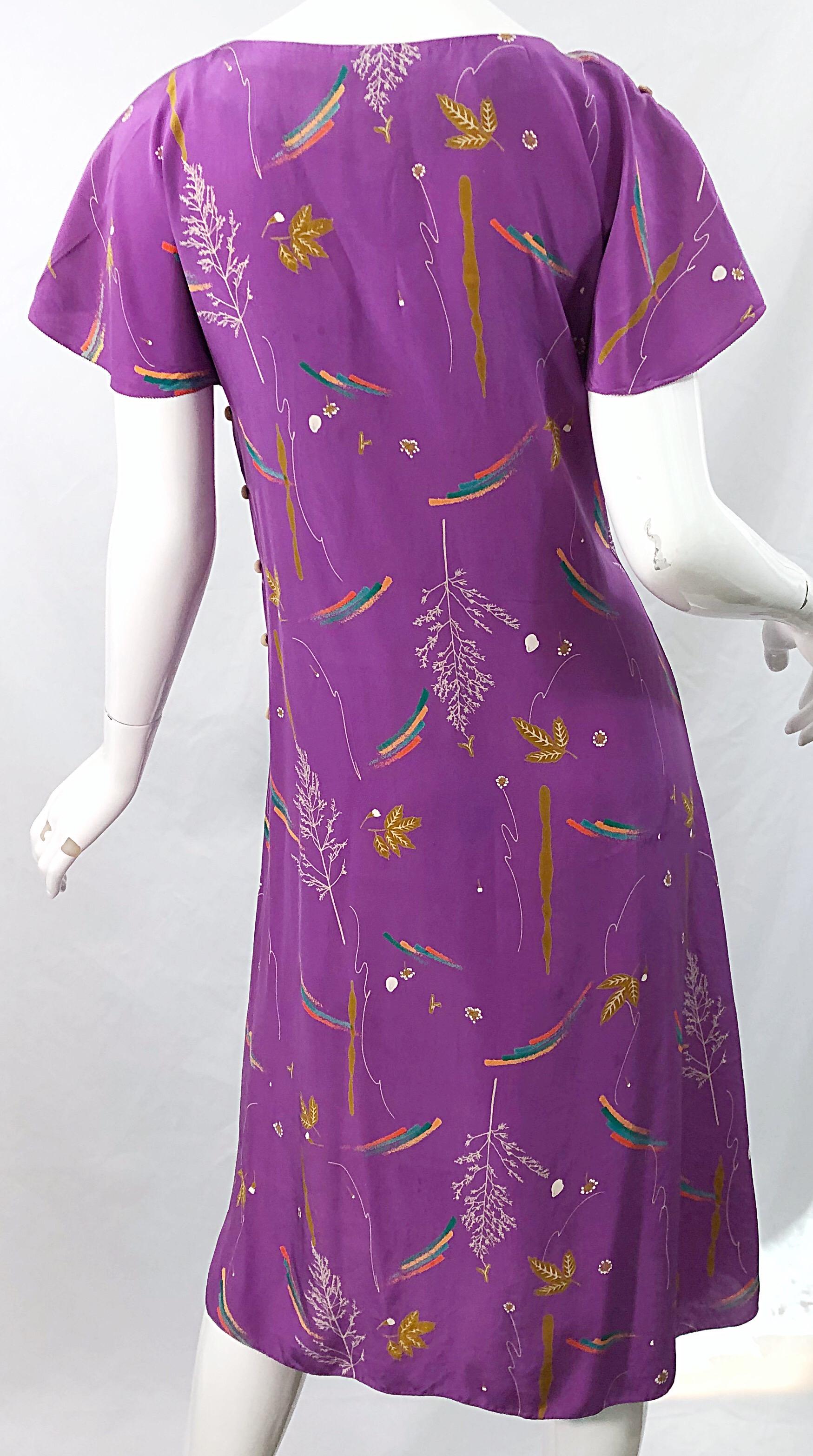 1970s Holly's Harp China Stencil Buttons Hand Painted Cold Shoulder Silk Dress For Sale 5