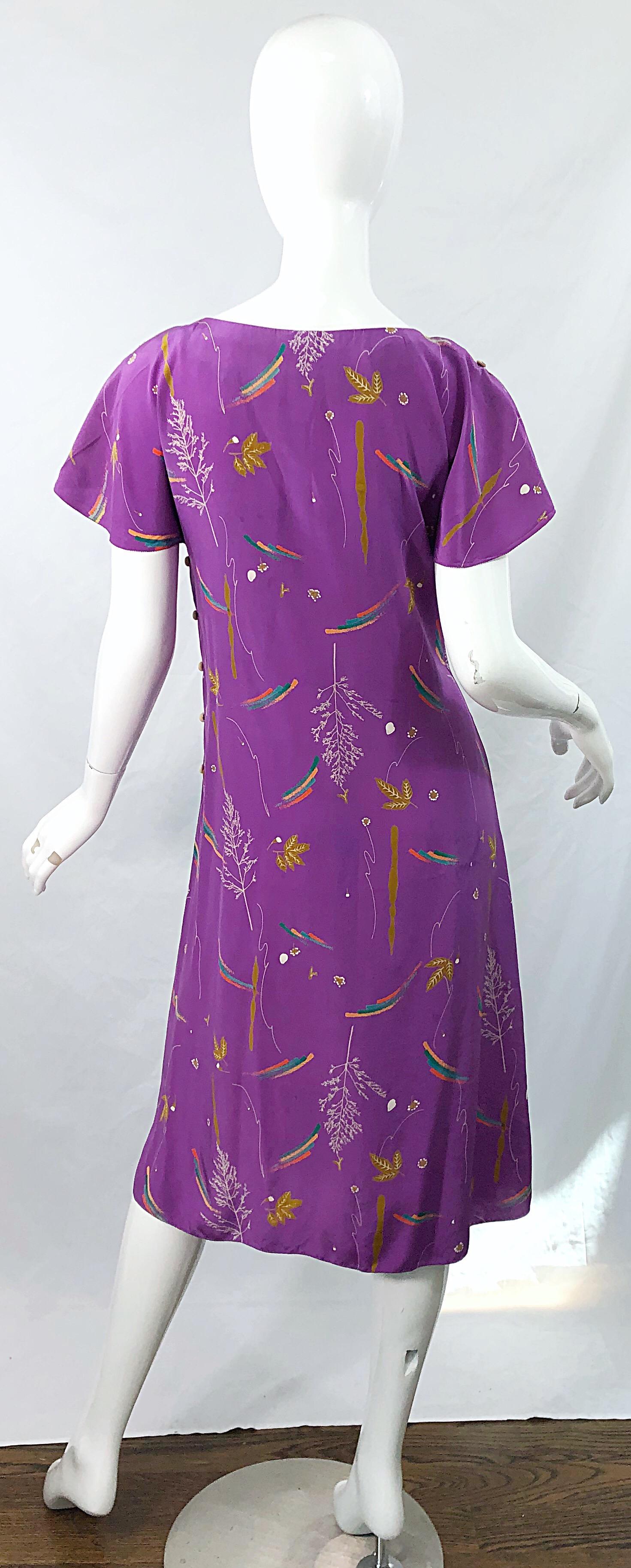 1970s Holly's Harp China Stencil Buttons Hand Painted Cold Shoulder Silk Dress For Sale 8