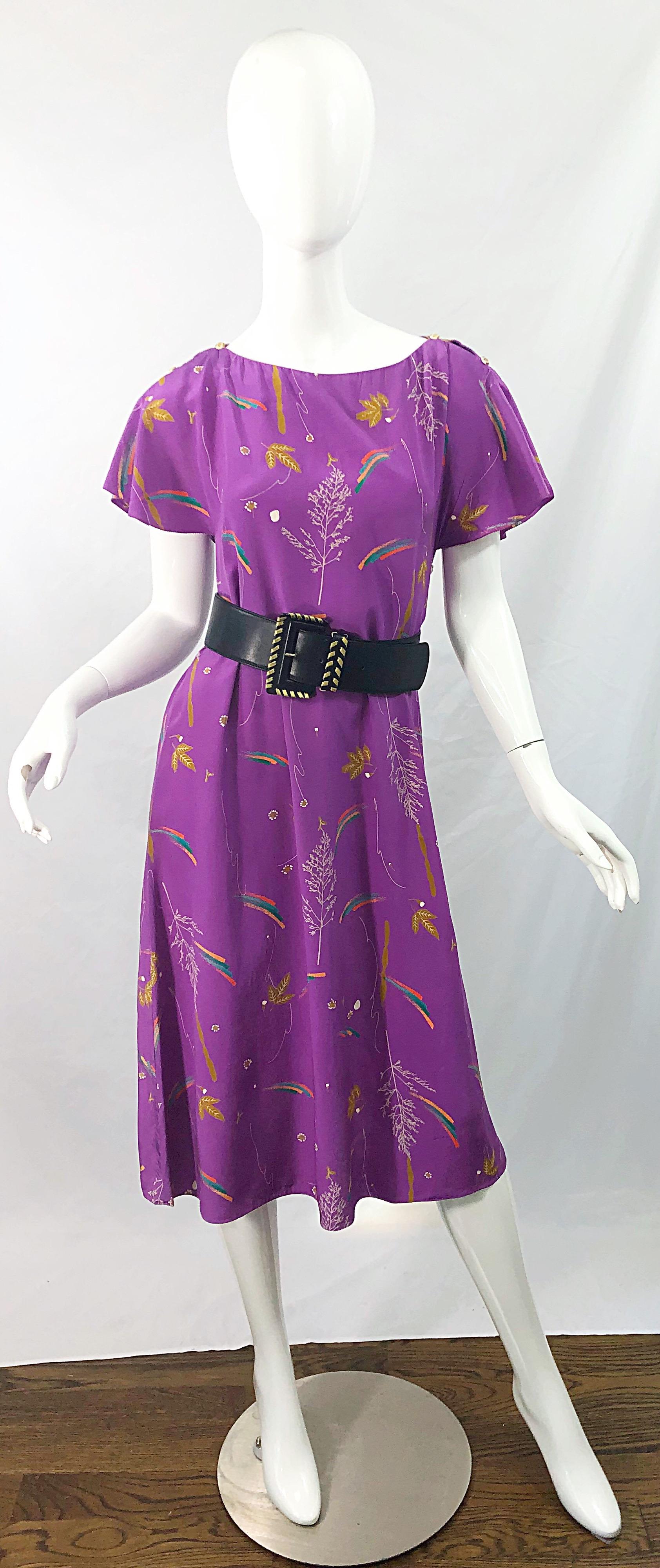 1970s Holly's Harp China Stencil Buttons Hand Painted Cold Shoulder Silk Dress For Sale 9