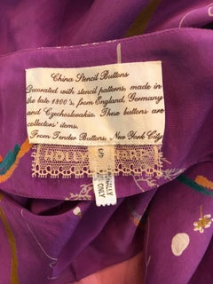 1970s Holly's Harp China Stencil Buttons Hand Painted Cold Shoulder Silk Dress