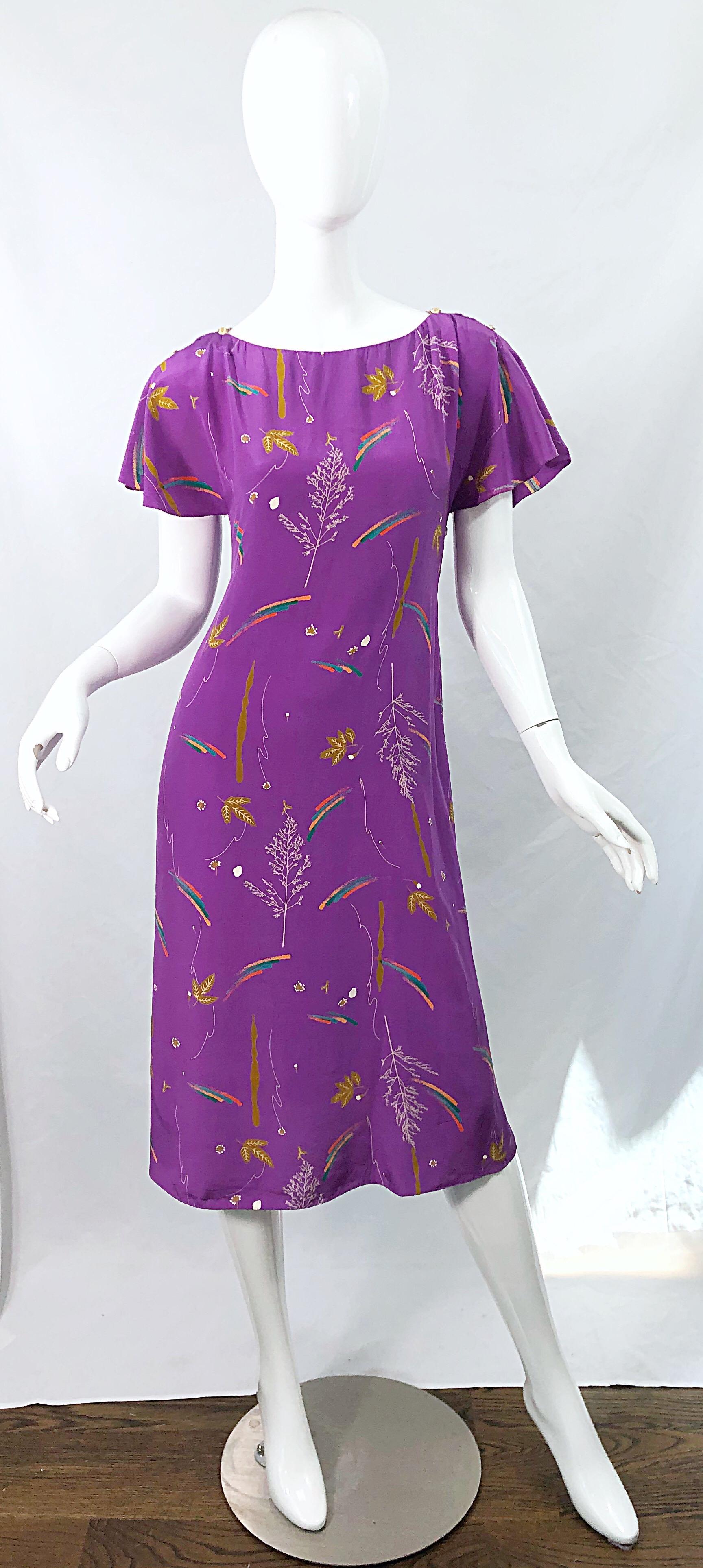 Purple 1970s Holly's Harp China Stencil Buttons Hand Painted Cold Shoulder Silk Dress For Sale