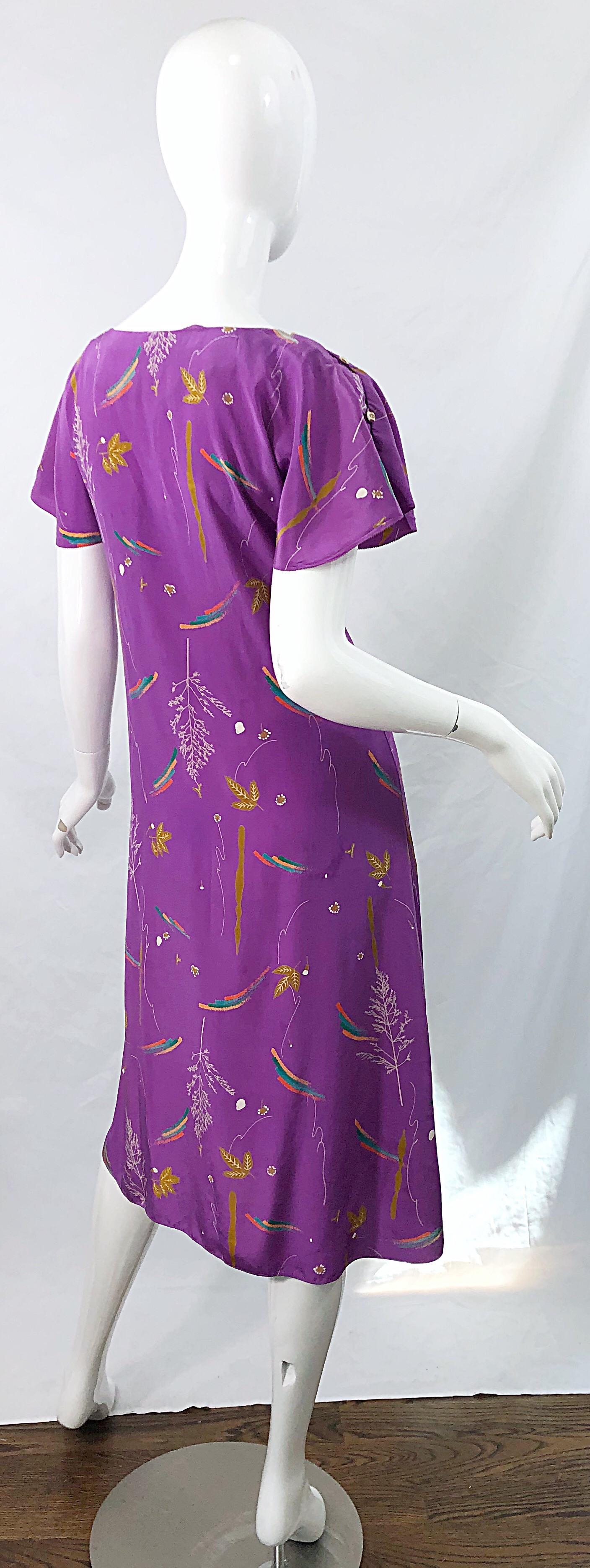 1970s Holly's Harp China Stencil Buttons Hand Painted Cold Shoulder Silk Dress For Sale 1
