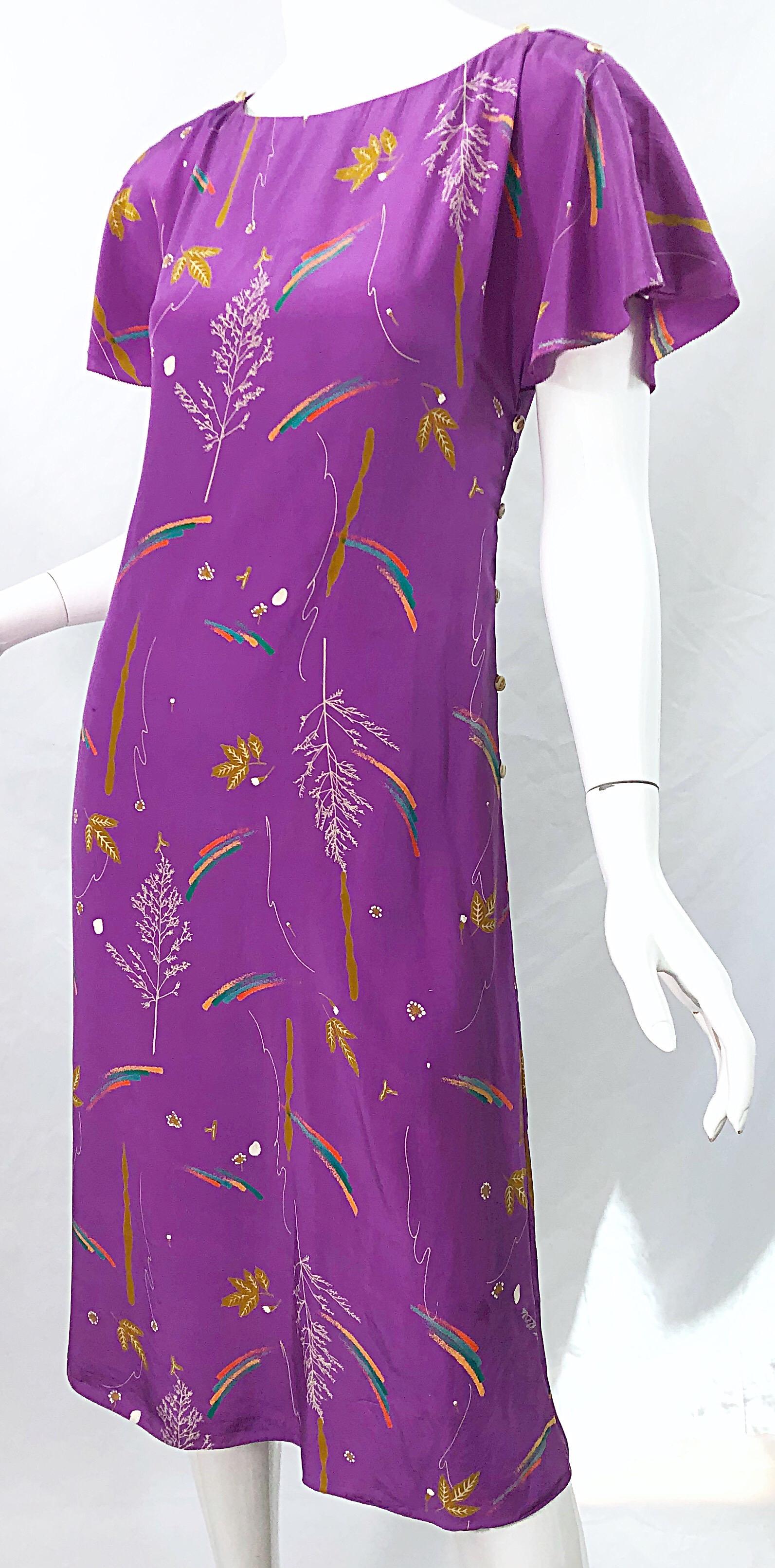 Women's 1970s Holly's Harp China Stencil Buttons Hand Painted Cold Shoulder Silk Dress For Sale