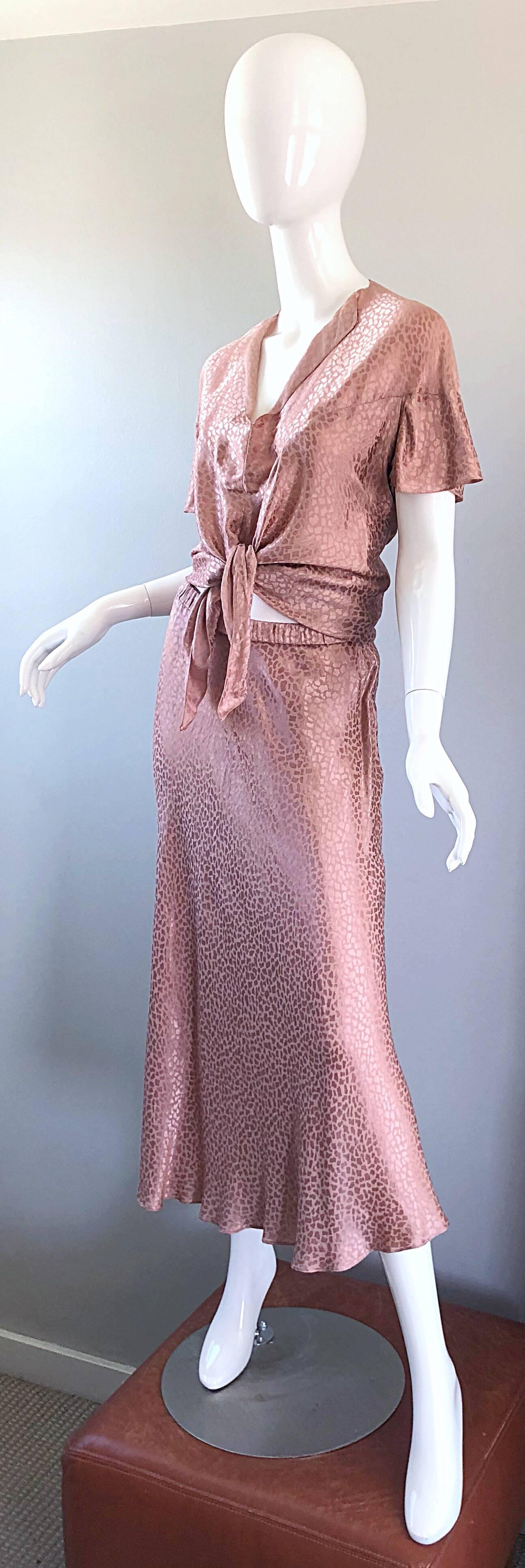 1970s Holly's Harp Pink Rose Leopard Print Vintage 70s Silk Crop Top + Skirt 6