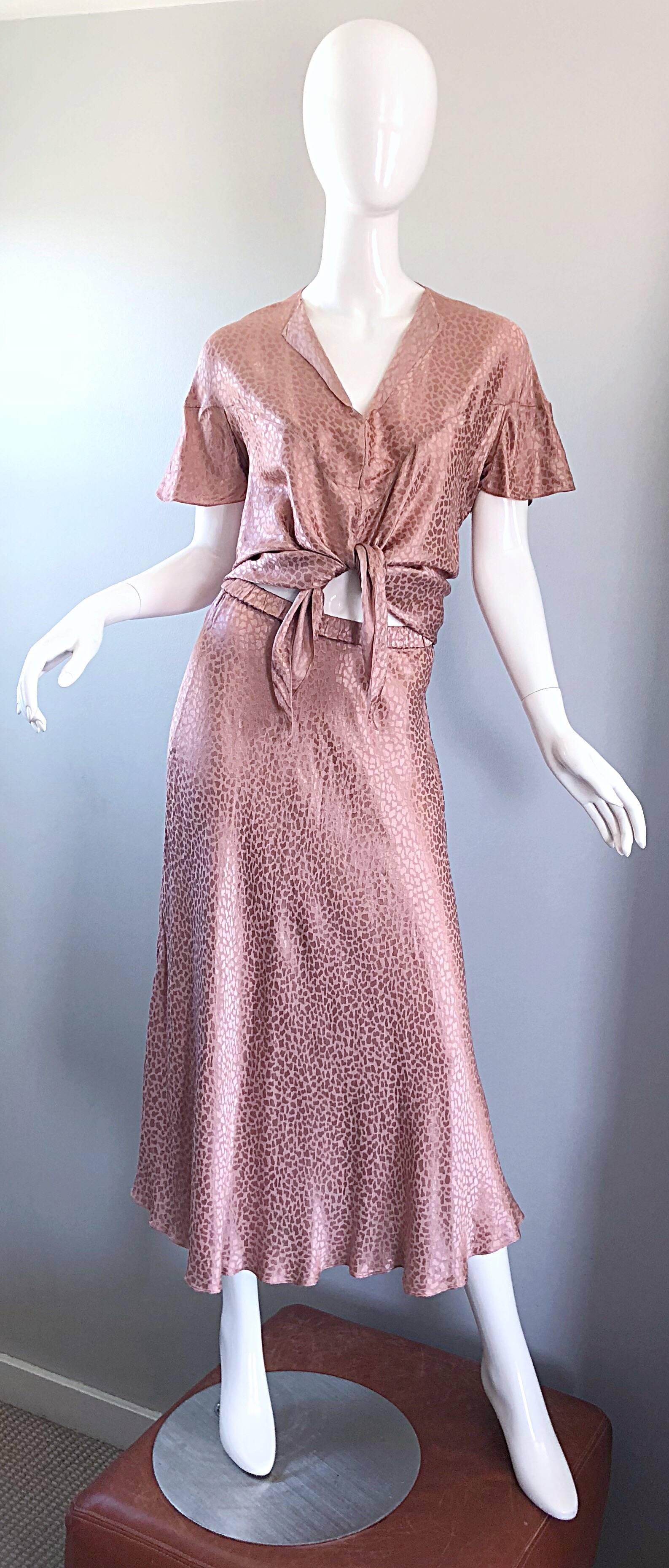 1970s Holly's Harp Pink Rose Leopard Print Vintage 70s Silk Crop Top + Skirt 8