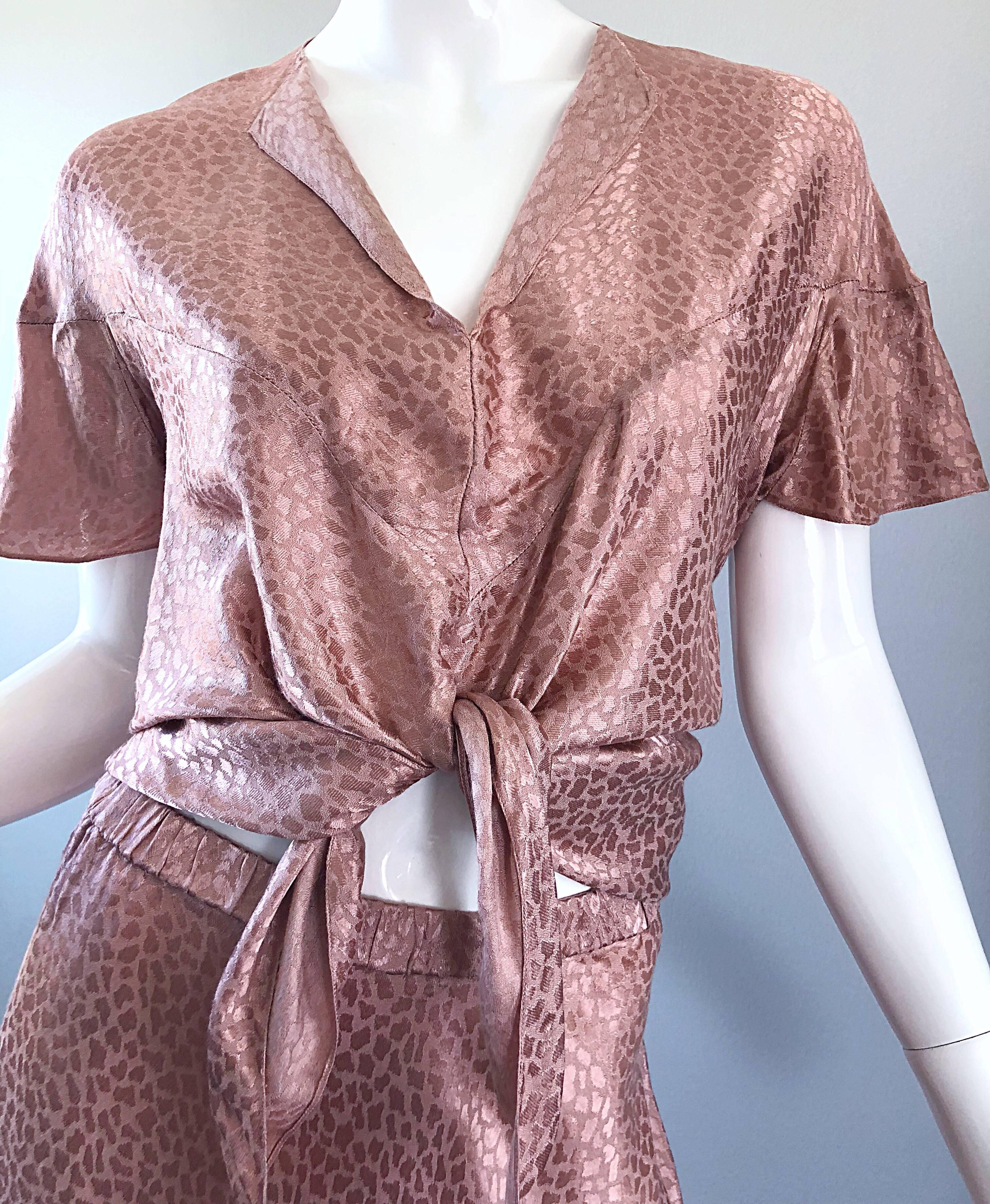 Brown 1970s Holly's Harp Pink Rose Leopard Print Vintage 70s Silk Crop Top + Skirt
