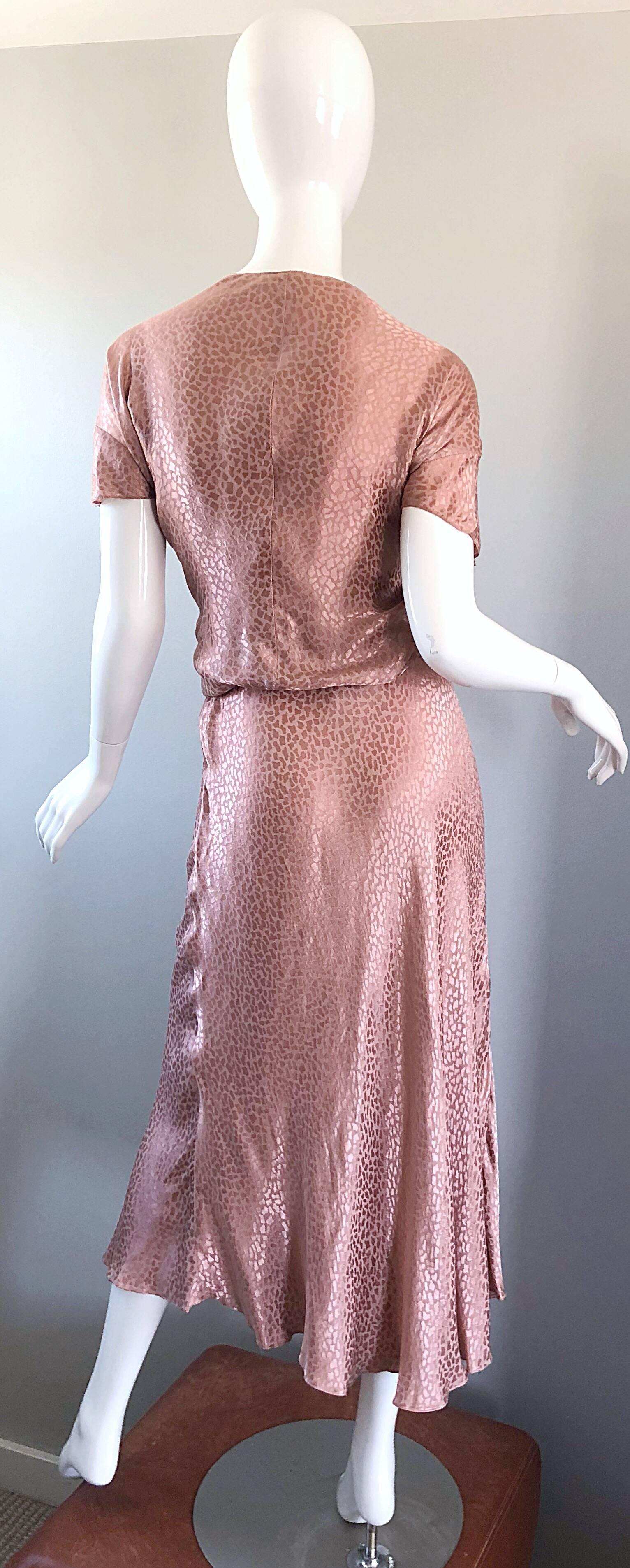Women's 1970s Holly's Harp Pink Rose Leopard Print Vintage 70s Silk Crop Top + Skirt