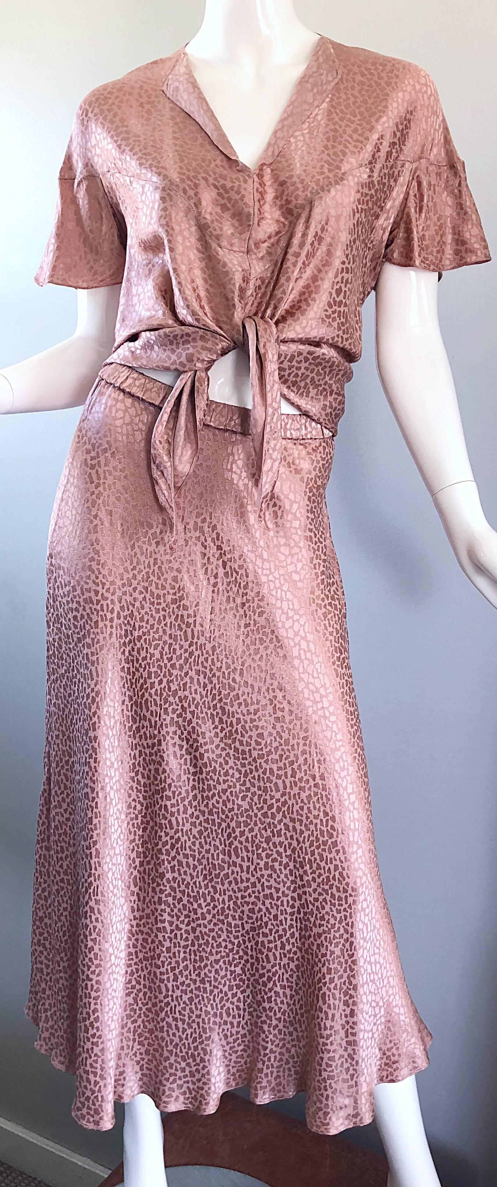1970s Holly's Harp Pink Rose Leopard Print Vintage 70s Silk Crop Top + Skirt 1