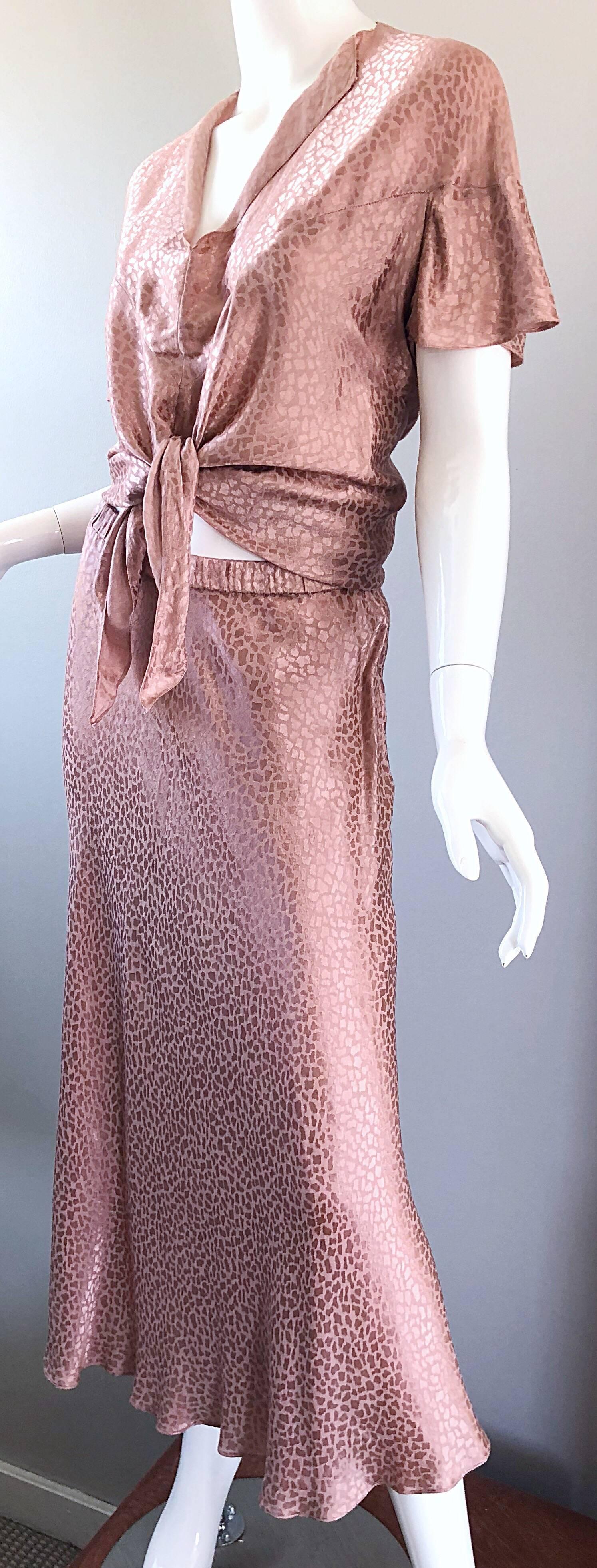 1970s Holly's Harp Pink Rose Leopard Print Vintage 70s Silk Crop Top + Skirt 2