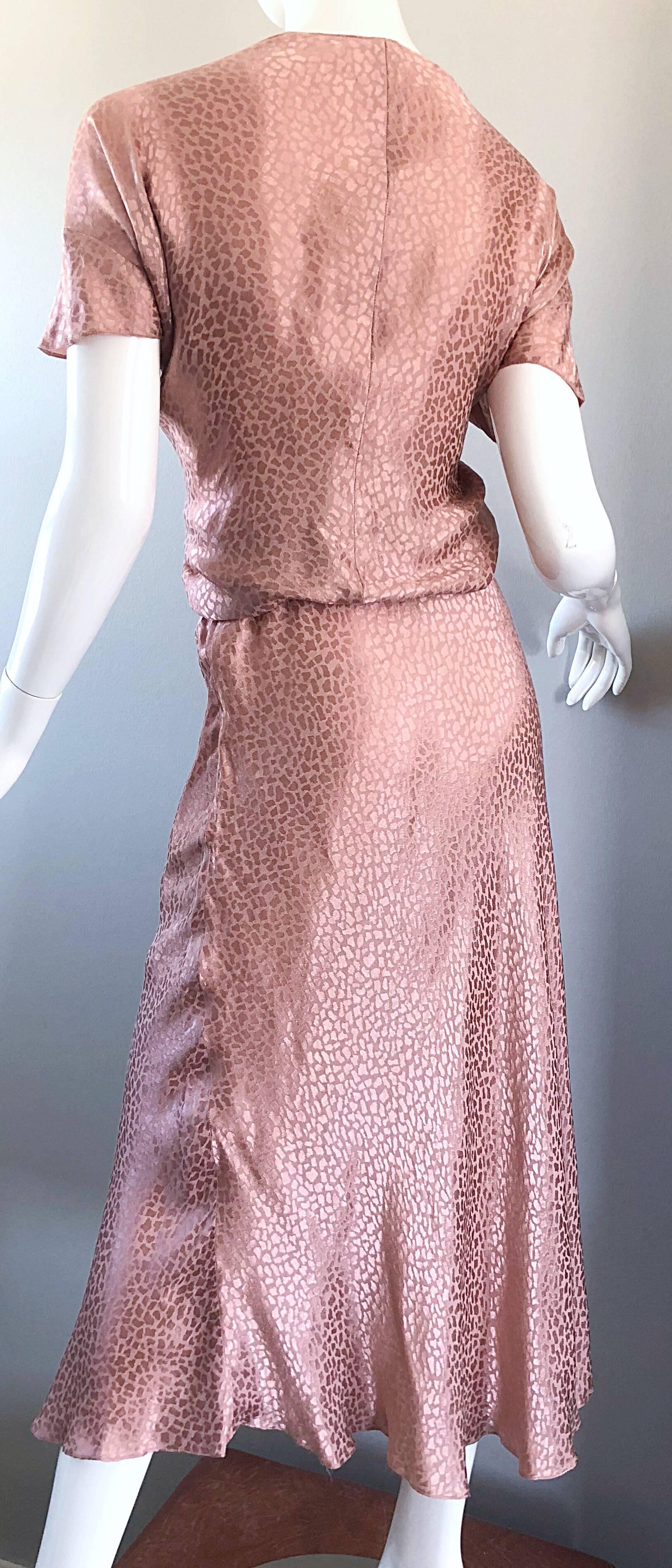 1970s Holly's Harp Pink Rose Leopard Print Vintage 70s Silk Crop Top + Skirt 3