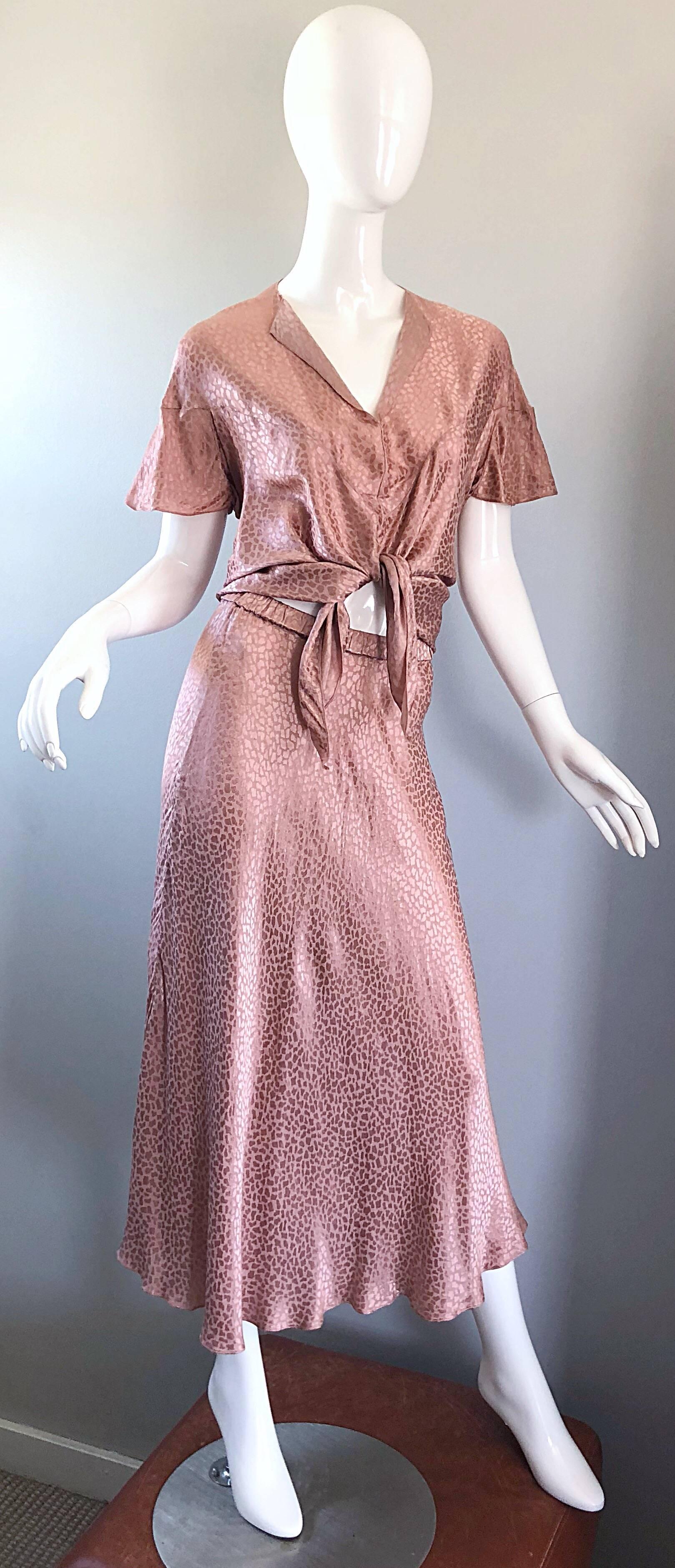 1970s Holly's Harp Pink Rose Leopard Print Vintage 70s Silk Crop Top + Skirt 4