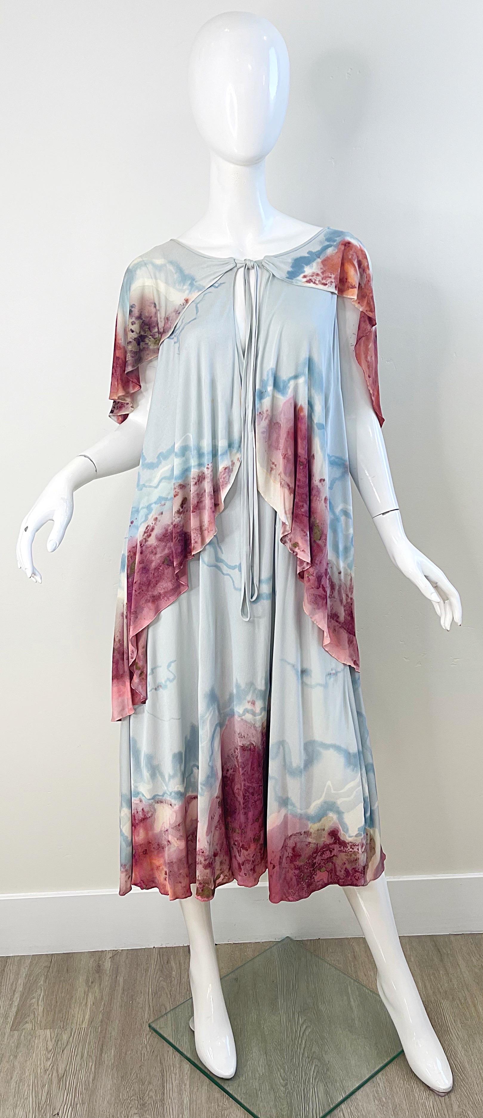 1970s Holly’s Harp Rare Hand Tie Dyed Marble Silk Jersey Vintage 70s Boho Dress In Excellent Condition For Sale In San Diego, CA