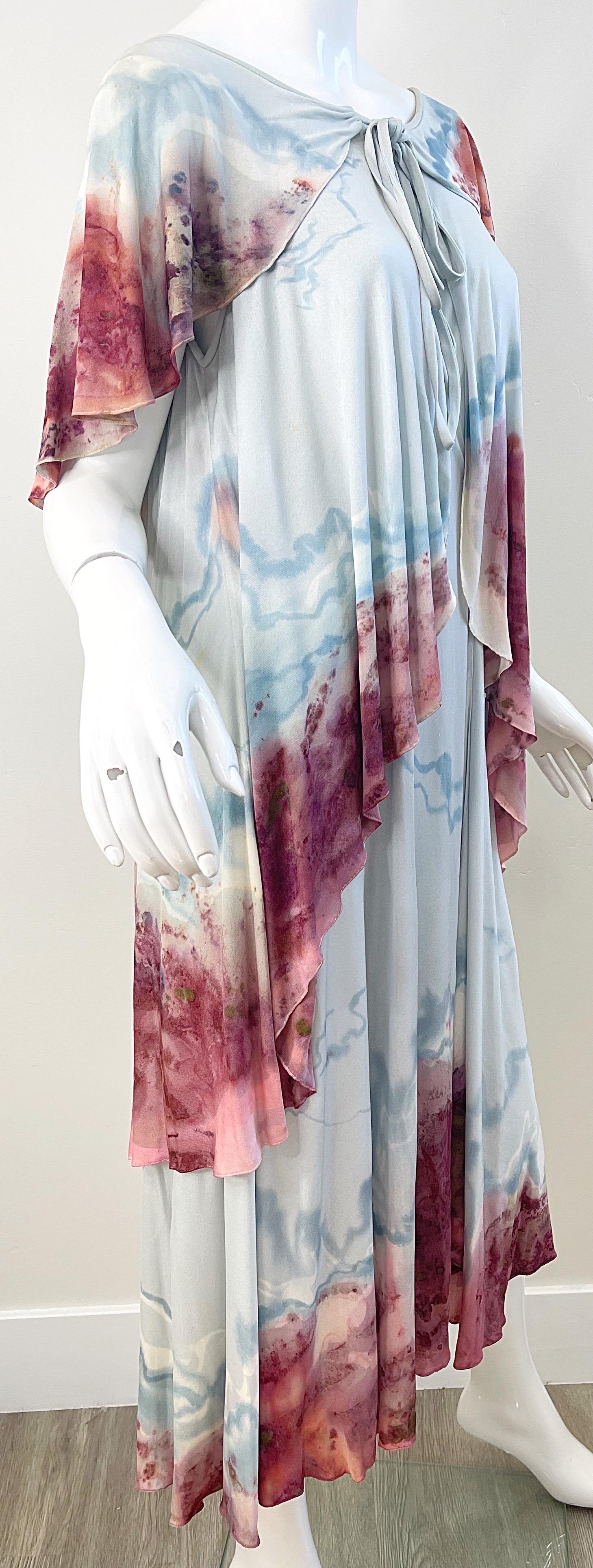 1970s Holly’s Harp Rare Hand Tie Dyed Marble Silk Jersey Vintage 70s Boho Dress For Sale 2