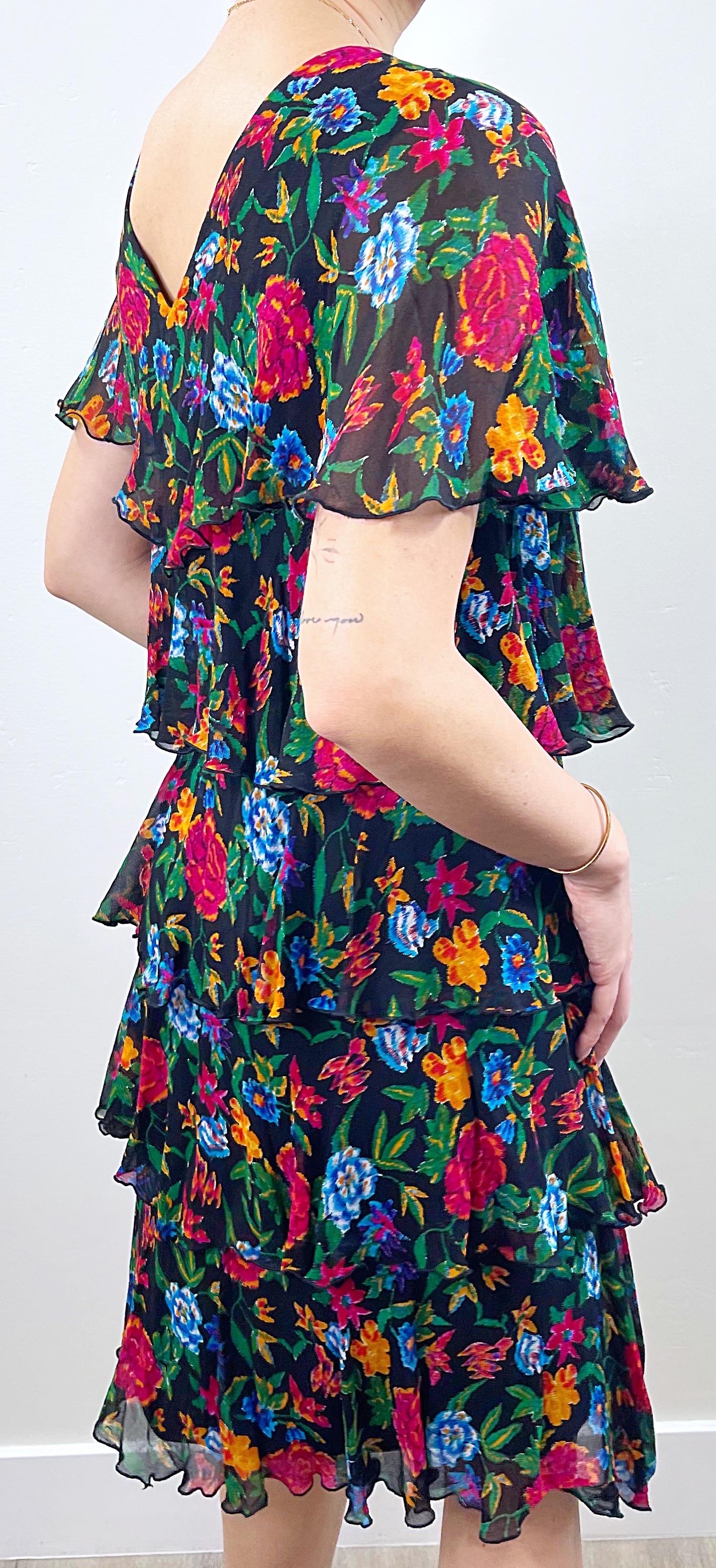 1970s Holly’s Harp Silk Chiffon Colorful Flower Print Tiered Vintage 70s Dress For Sale 8