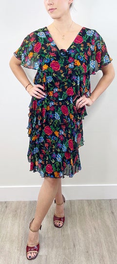 1980s Holly’s Harp Silk Chiffon Colorful Flower Print Tiered Vintage 80s Dress