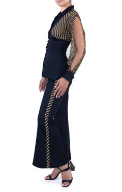 1970S HOLLYWOOD FREDERICKS Black & Gold Metallic Poly/Lurex Knit Stripe Disco P