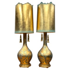 1970s Hollywood Gold Faux Gilt Tassels Monumental Table Lamps Glam Mont