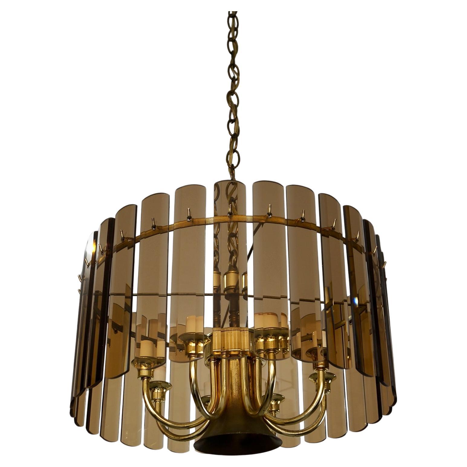 1970's Hollywood Regency 7-Arm Brass & Smoked Beveled Glass Chandelier